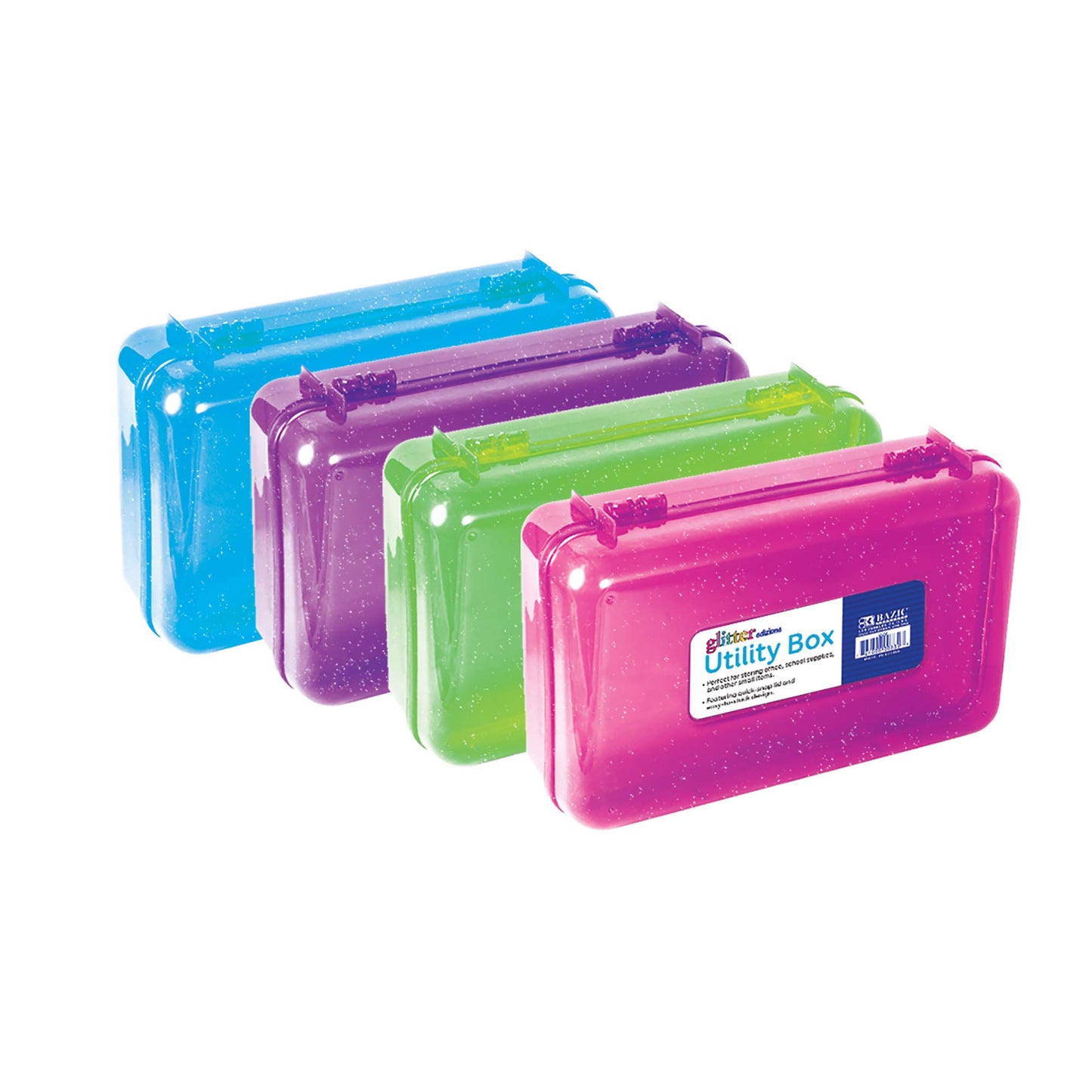 BAZIC PRODUCTS Glitter Bright Color Utility Box, 8 x 5 1/4 x 2 3/8 in, for School Office Supplies, Arts & Crafts, Set of 4