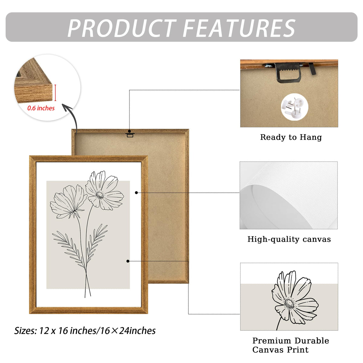 ICHZUMW Neutral Botanical Floral Wall Art, Black and White Farmhouse Flowers Wall Decor, Modern Minimalist Line Art Canvas Prints, Beige Artwork, Living Room Bedroom Home Office, Set of 3, 12x16in