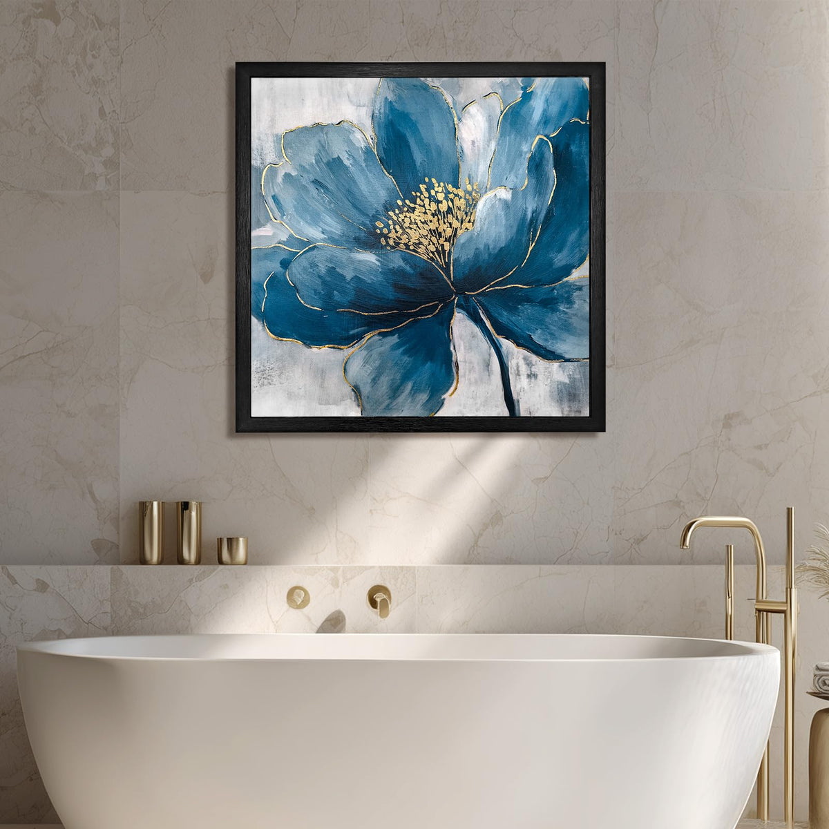 llribbons Framed Flower Wall Art Hand Painted Elegant Blue Peony Floral Canvas Pictures Indigo Gold Painting 3D Textured Prints Artwork for Living Room Bedroom Bathroom Office Home Decor 20" x 20"