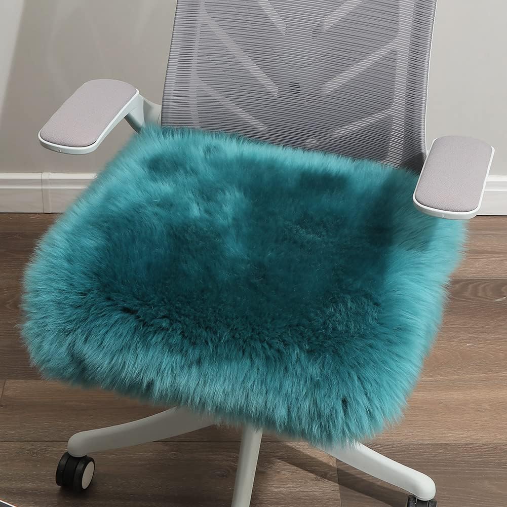 LLB Sheepskin Chair Covers Office Chair Cushion Dining Room Chair Pads Desk Chair Seat Cushion for Computer Chair Fur Area Rugs for Living Room 18x18 Inch (Pack of 1), Peacock Blue