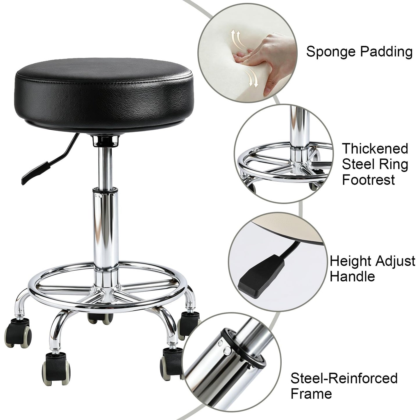 Rolling Stool with Wheels, Comfort Cushion Professional Swivel Drafting Stool, Height Adjustable Heavy Duty 500 lb Stool with Silent Casters and Foot Ring for Salon Tattoo Clinic Home Office, Black