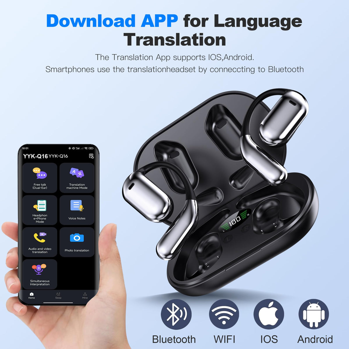 Real-Time AI Translation Earbuds, Open-Ear Audifonos Traductores Inglés Español Two-Way Translator Headphones, Bluetooth Wireless Earhooks for Business, Travel, Learning, Meetings (Oatmeal Beige)