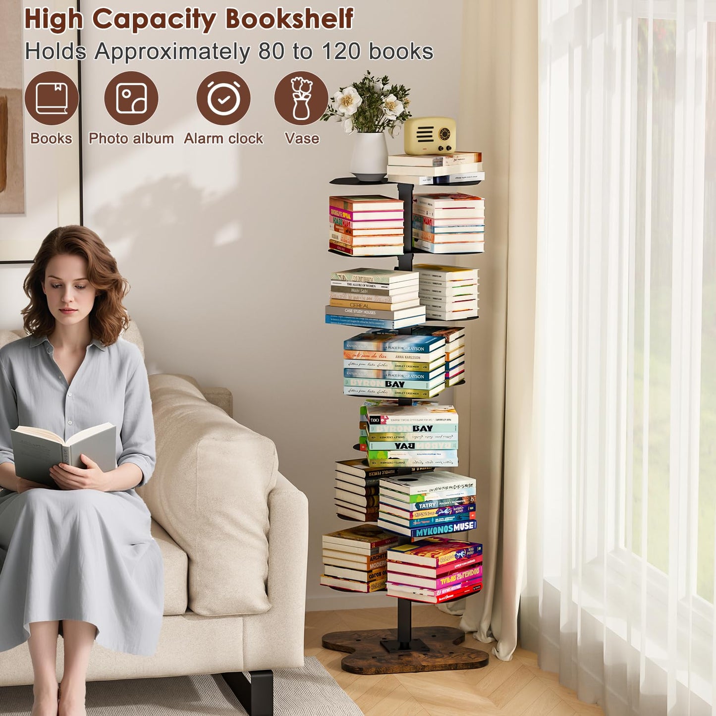 Cidaziya 7 Tier Rotating Bookshelf, 360° Display Spinning Bookcase, Metal Corner Bookcases Storage Rack, Tall Floor Standing Revolving Bookshelves Narrow Book Shelf Organizer for Home Office, Black