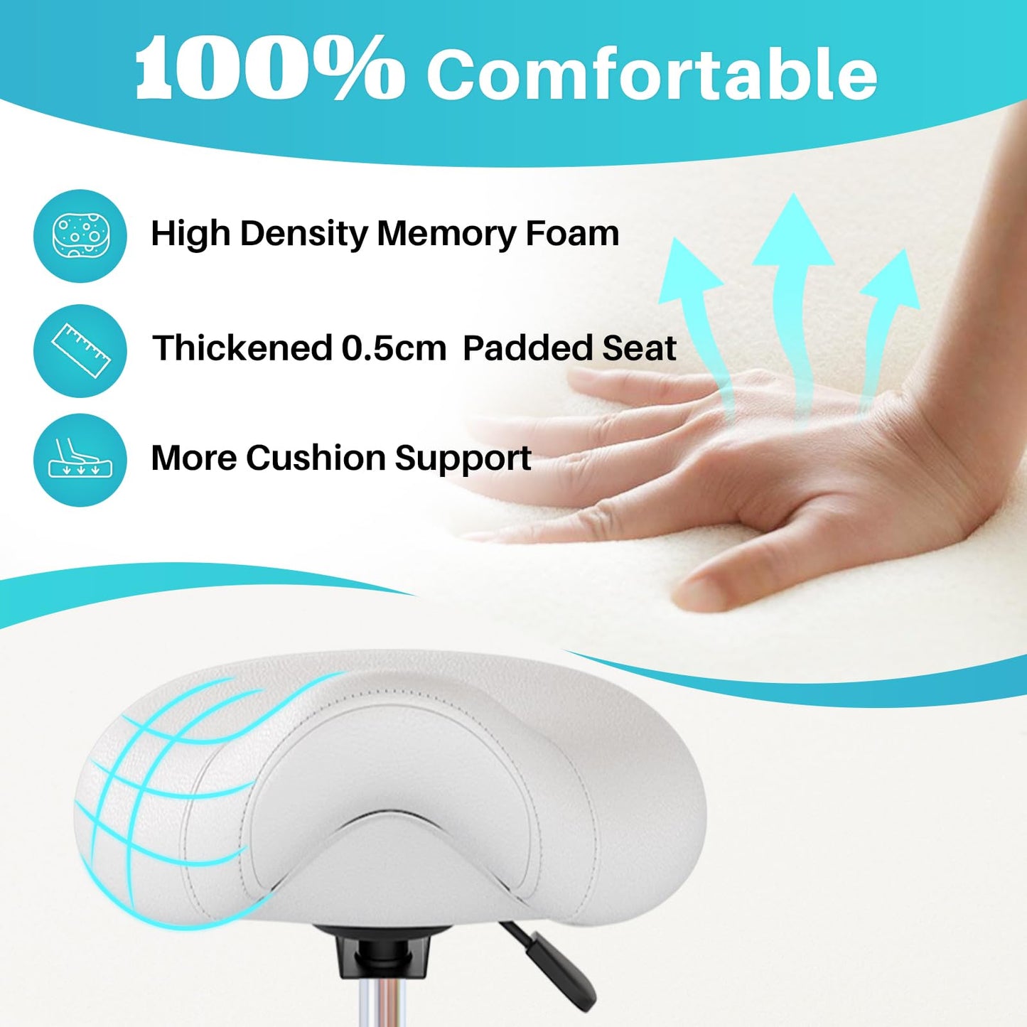 YEEZEE Saddle Stool Ergonomic- Comfortable Rolling Saddle Stool with Wide Thick Saddle Seat Padding, Swivel Adjustable Saddle Chair with Wheels and Ring Pedal for Medical Massage Salon (Classic White)
