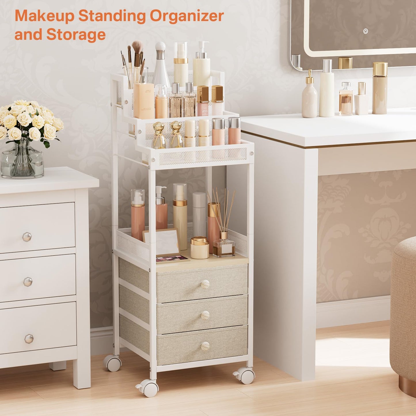 FURFUN Makeup Organizer Storage with Drawers, 13 Inch Bathroom Stand Large Floor Rolling Skincare Organizer Cart, 3-Tier Vanity Tray Stand for Cosmetics, Nail Polish, Perfume Display Cases Holder