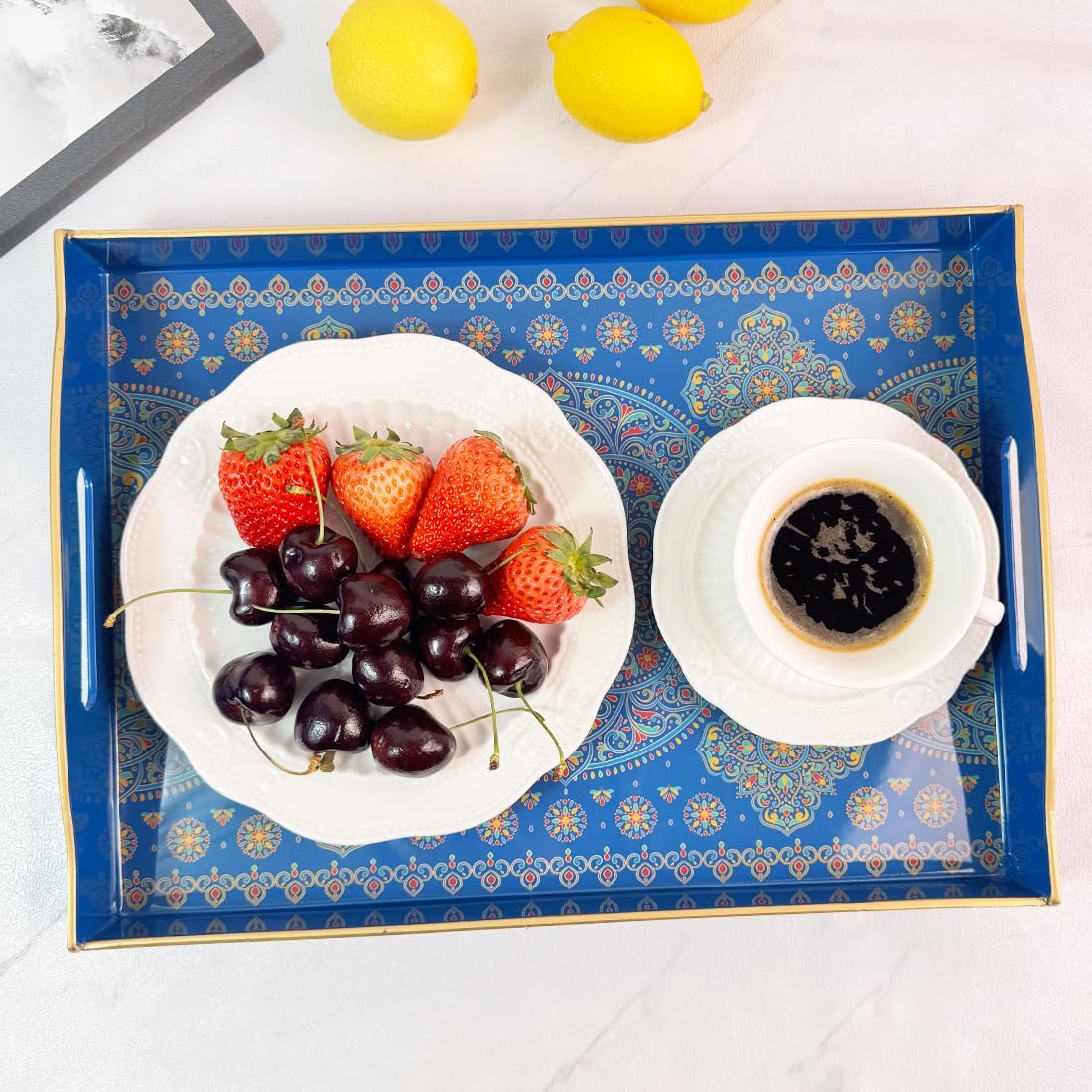 Umisriro Boho Blue Decorative Tray, Serving Tray with Handles, Plastic Tray for Coffee Table, Ottoman - Ideal for Living Room & Bathroom. 15” x 11” x 2.5”