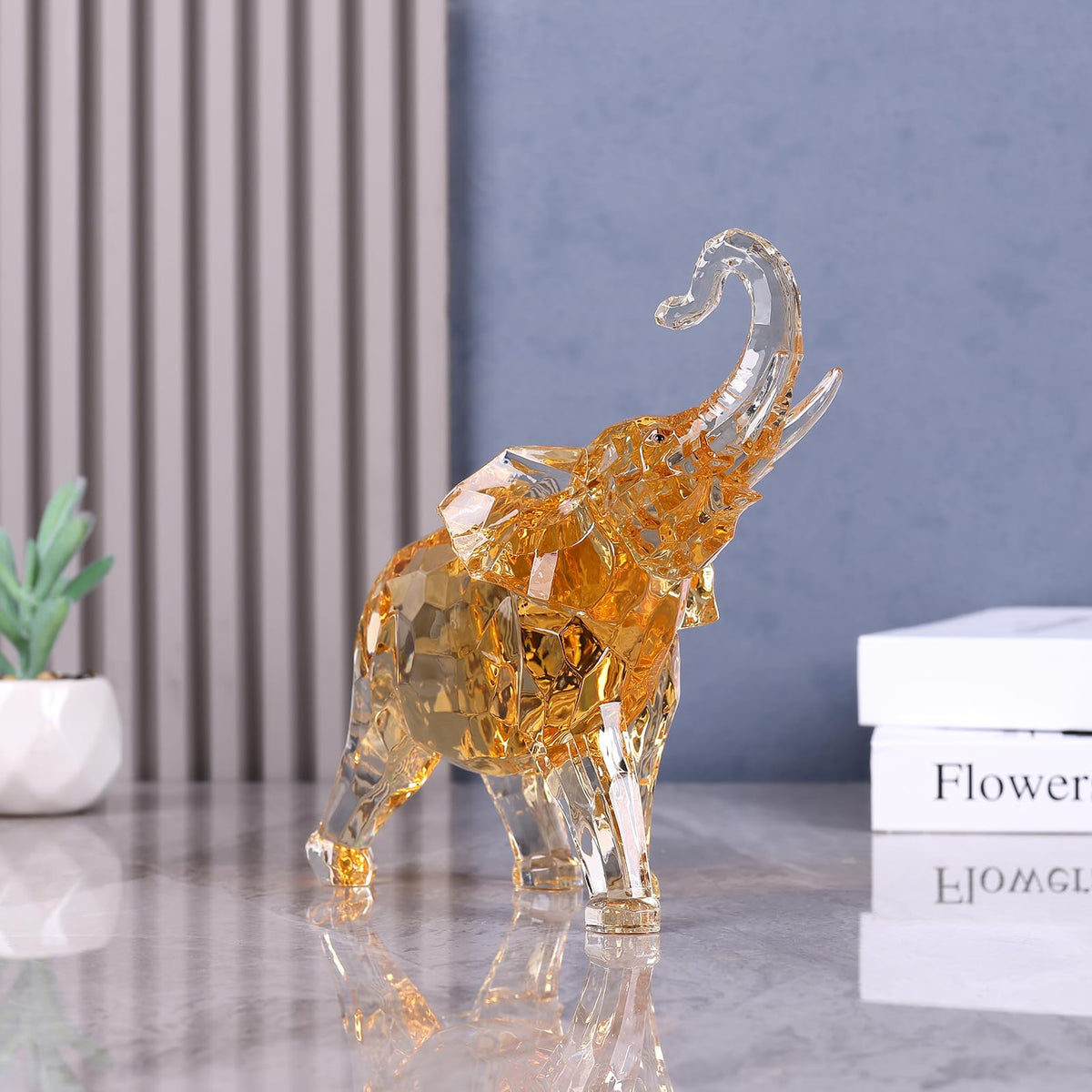 Acrylic Clear Elephant Figurines Crystal Glass Finish, High End African Statues for Home Decor, Elephants with Trunk up, Large Elephants Statue Sculpture,Office Feng Shui Lucky Elephant Gifts
