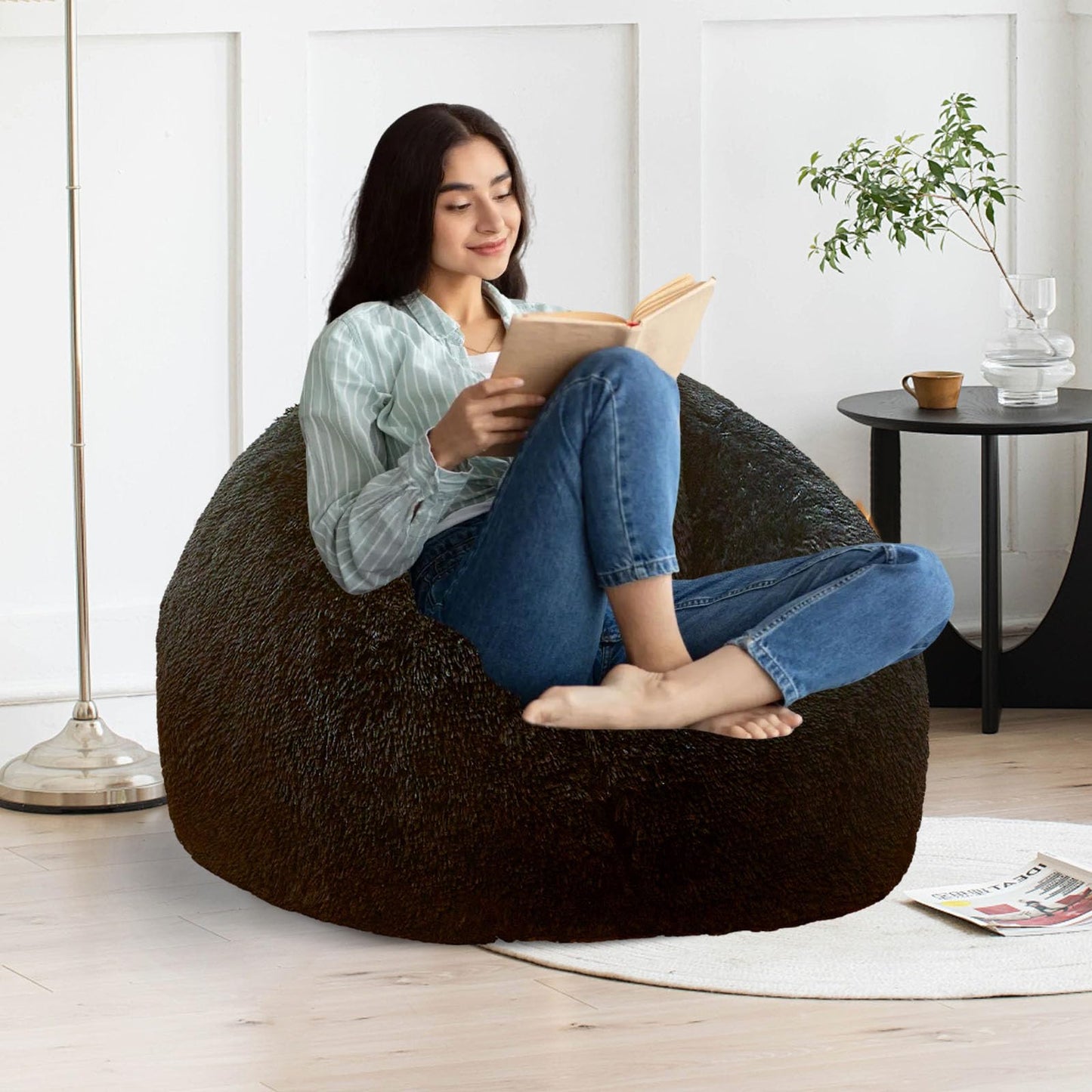 Black fuzzy bean bag chair covers (No Filler), comfy Shaggy Black bean bag chair Cover for bedroom, stuffed animal Storage, kids adults teens girls bean bag chairs, Anti-Slip