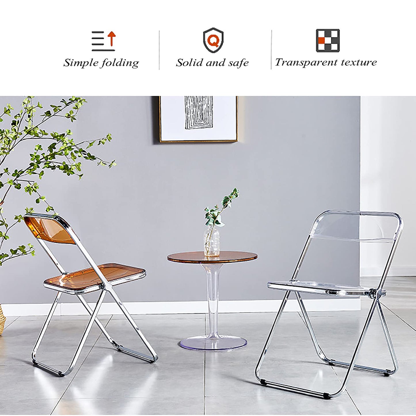 ZREVSB Metal Folding Chair,Transparent Chair,Training Chair,Visitor Chair with Electroplated Frame,Anti-Rust,Wear-Resistant,Easy to Clean, Maximum Load-Bearing 150kg,White (Transparent)