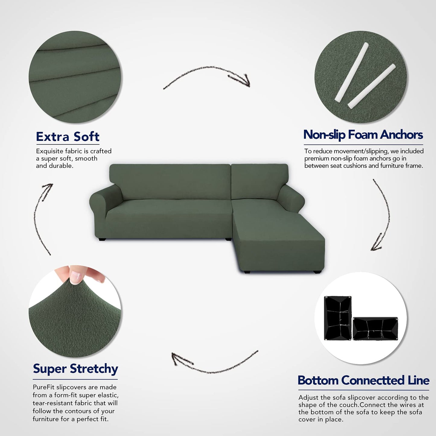 PureFit Super Stretch Sectional Couch Covers - 2 pcs Spandex Non Slip Sofa Covers with Elastic Bottom for L Shape Sectional Sofa, Great for Kids & Pets (3 Seat Sofa + 3 Seat Chaise, Greyish Green)