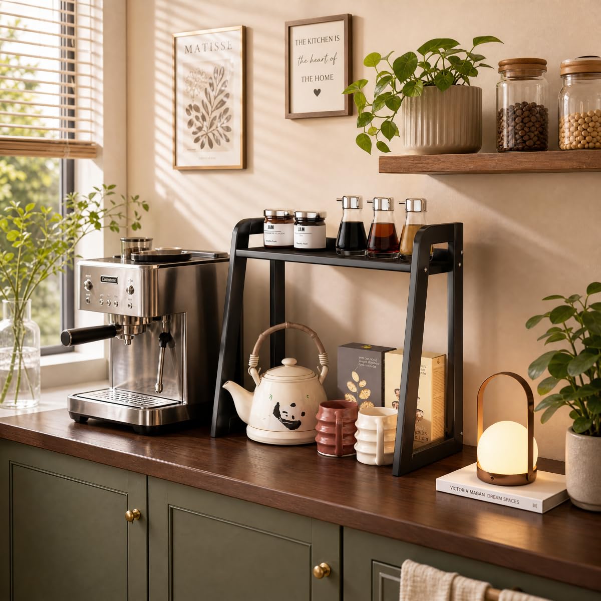 XIKEMADI Natural Bamboo Coffee Station Organizer, 2-Tier Wooden Kitchen Counter Shelf for Bar Accessories, Multi-Functional Countertop Storage Rack for Syrup Bottles & Coffee Essentials (Black)