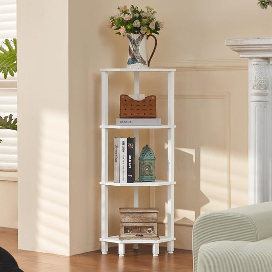 YUFAM 4-Tier Corner Shelf with Sturdy 5-Leg Base, Wooden Corner Bookshelf for Small Spaces, Corner Standing Shelf for Living Room, Bedroom, Office, White