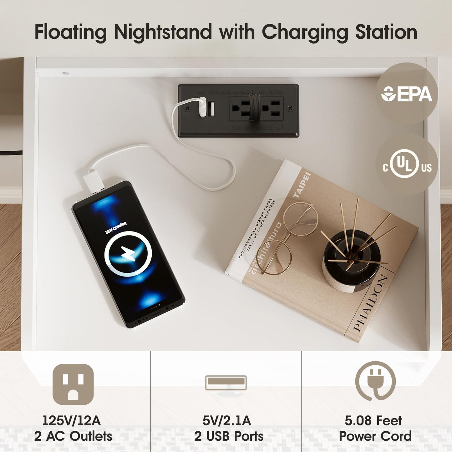 Floating Nightstand Set of 2 Modern Night Stands with Drawer and Open Shelf Cubby Small Bedside End Table with Charging Station Wall Mounted Nightstands Set 2 for Bedroom White