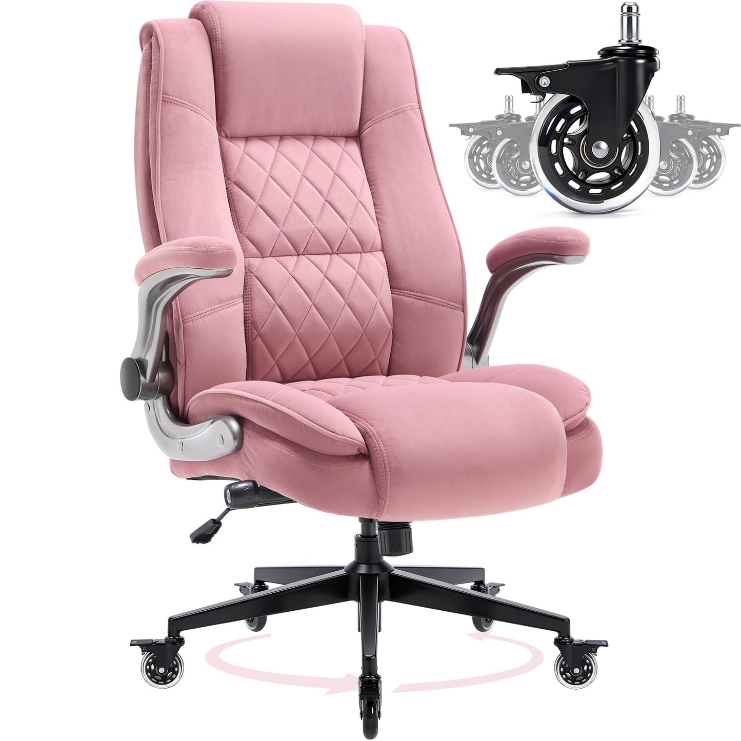 Fabric High Back Office Chair with Lockable Quiet Casters, Thick Padded Ergonomic Computer Chair- Adjustable Lumbar Support & Flip-Up Arms, Wide Executive Desk Chair for Back Pain, 400LBS Capacity