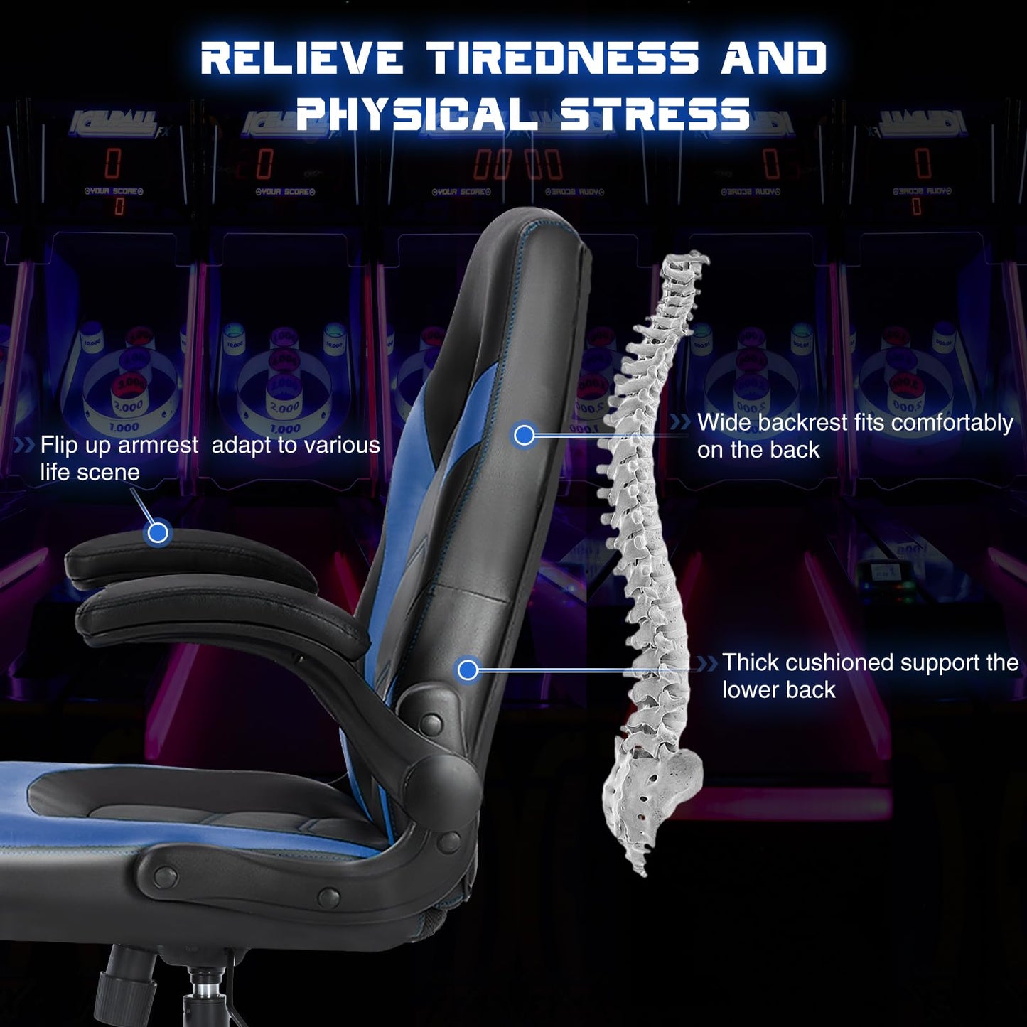 Sweetcrispy Computer Video Game Desk Chair - Ergonomic Comfy Lumbar Support, PU Leather with Flip-up Armrest, Height Adjustable and 360° Swivel, for Adults, Black Blue