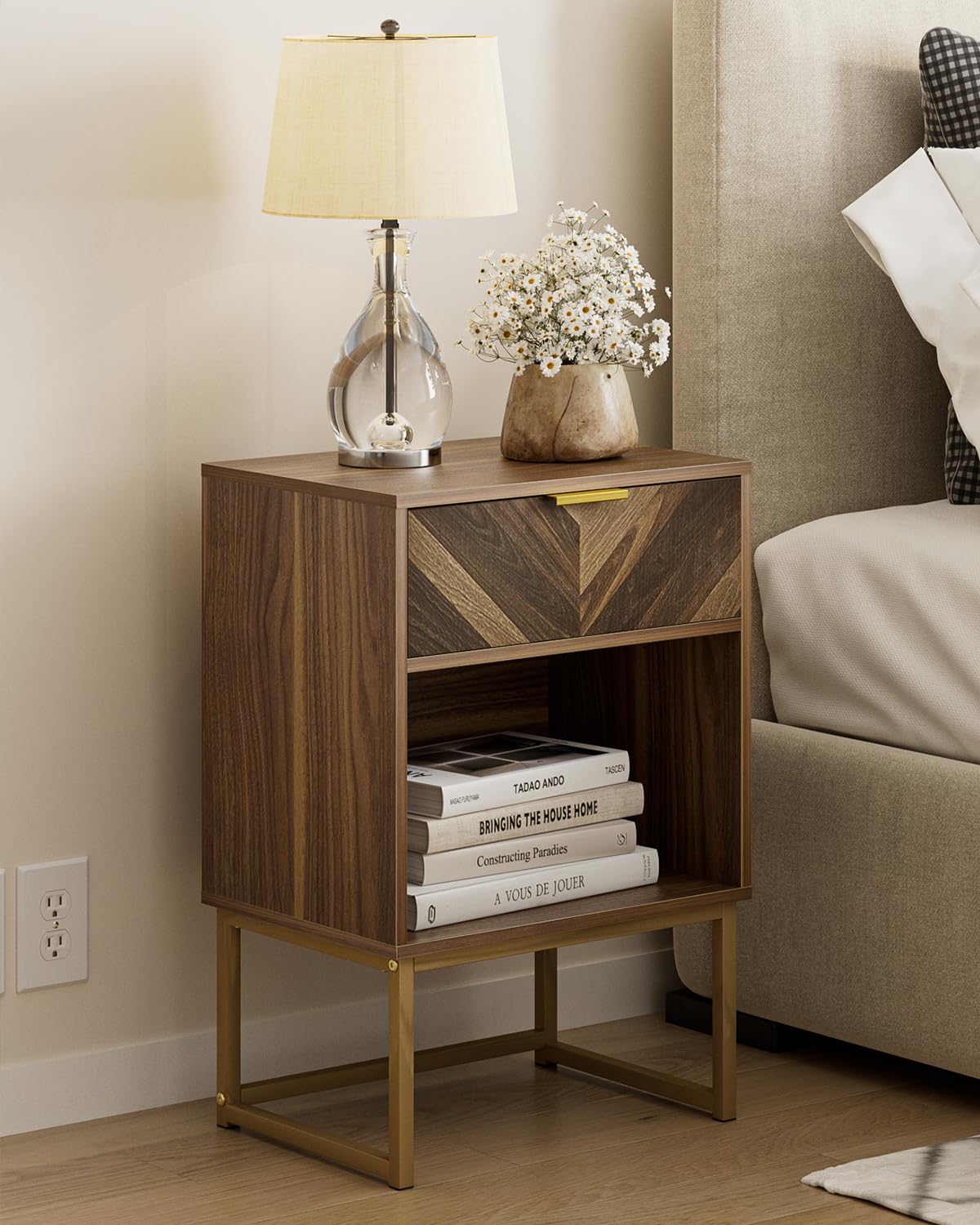 Masupu Nightstand,Modern Night Stand Boho Farmhouse Wood Bedside Table with Storage Drawer Side End Table for Bedroom,Living Room,Office,Walnut Brown