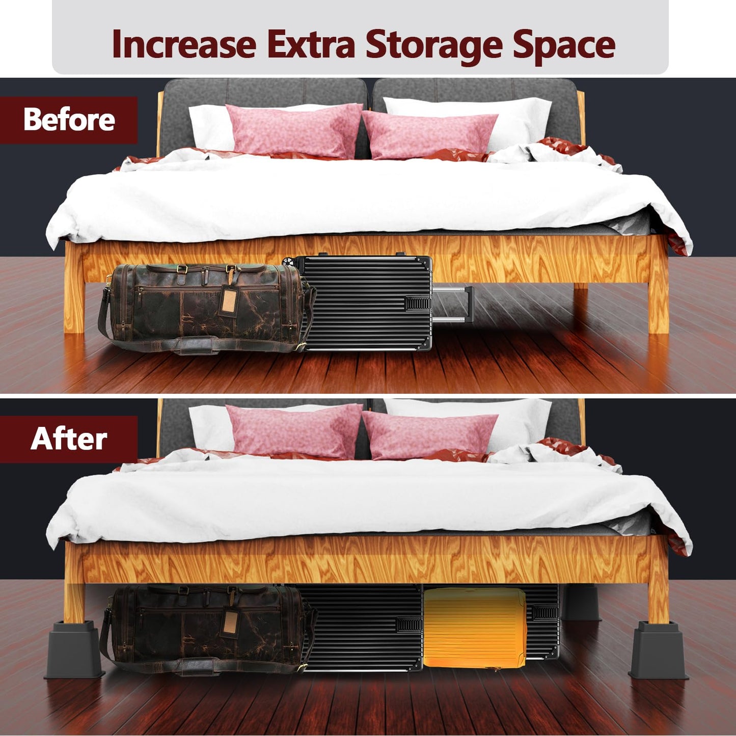 Demiwise Heavy Duty 8 inch Bed Risers - Set of 4 Adjustable Furniture Risers, Elevation Heights of 3, 5 & 8 Inches, Supports Up to 1,300 lbs for Under-Bed Storage, College Dorms, Table and Couch(Grey)