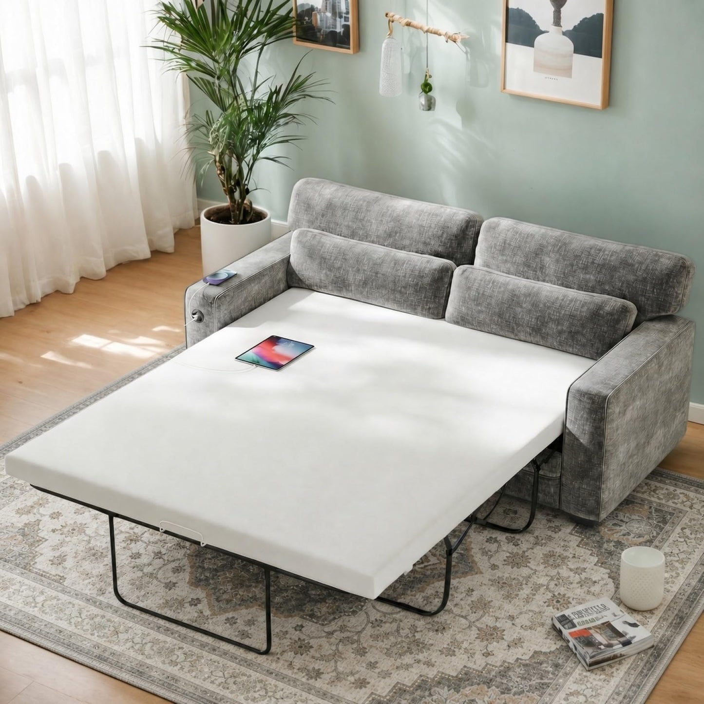 Marsail 63" Pull Out Sofa Bed, Full Size Sleeper Sofa with Memory Foam Mattress, 2 USB Charging Ports & Removable Covers, Chenille Loveseat Couch for Living Room, Apartment, Light Grey