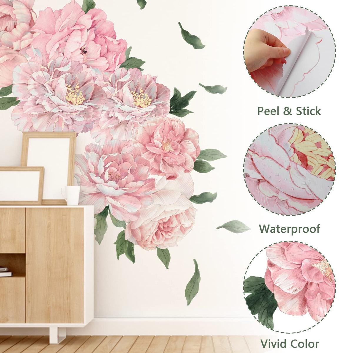 Pink Peony Wall Stickers for Nursery Wall Decor Flowers Wall Decals Peel and Stick Kids Floral Decals for Girls Bedroom Living Room Nursery Wall Decor