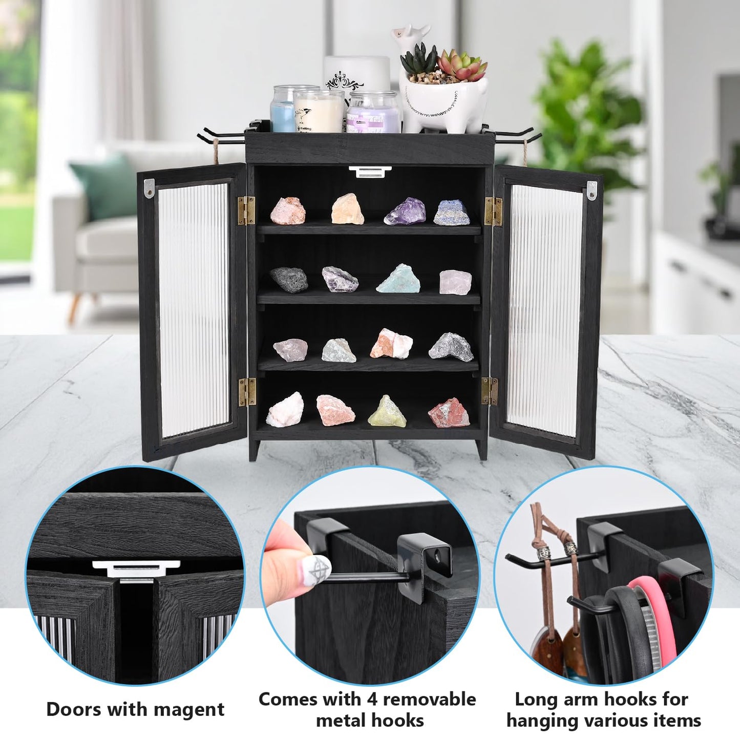 Ikee Design Wooden Countertop Storage Cabinet with Wavy Magnetic Door, Adjustable Shelves, Removable Hooks. Perfect for Perfume, Figurines, and Coffee Cups, Black Color, 10.4 W x 6.1 D x 14.4 H in