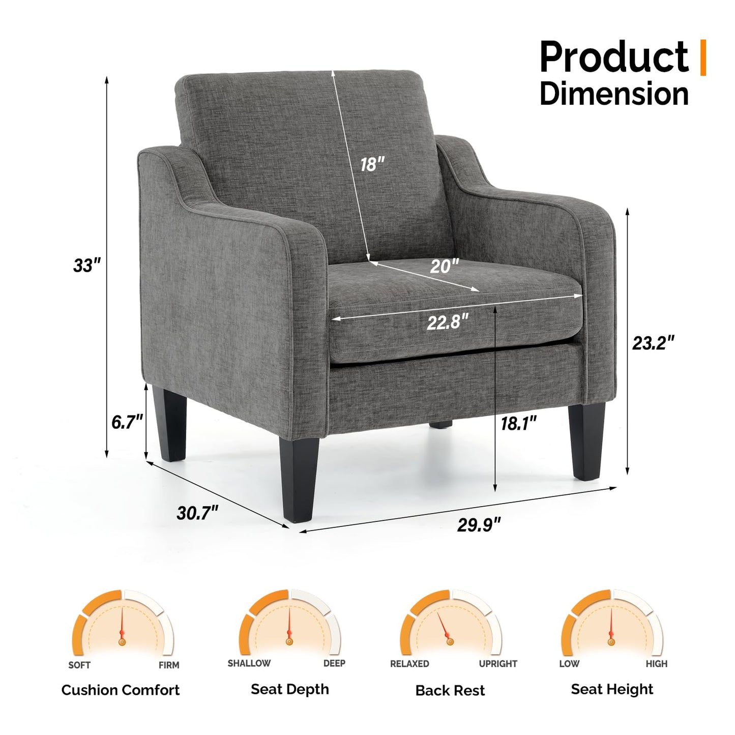 VINGLI Accent Chairs for Living Room Chairs Reading Chair Mid Century Modern Chair Soft Chenille Sofa Chair Upholstered Arm Chair Comfy Chair Side Chair (Light Grey Chenille)