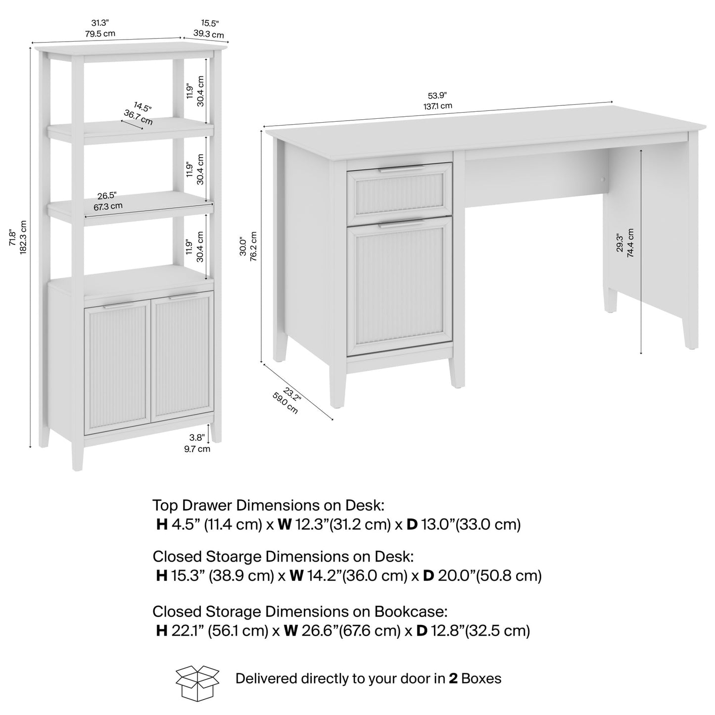 Bush Home 54-inch Office Desk with Storage and 5 Shelf Bookcase with Doors, Home Office Furniture, Camille Collection, Onyx Birch