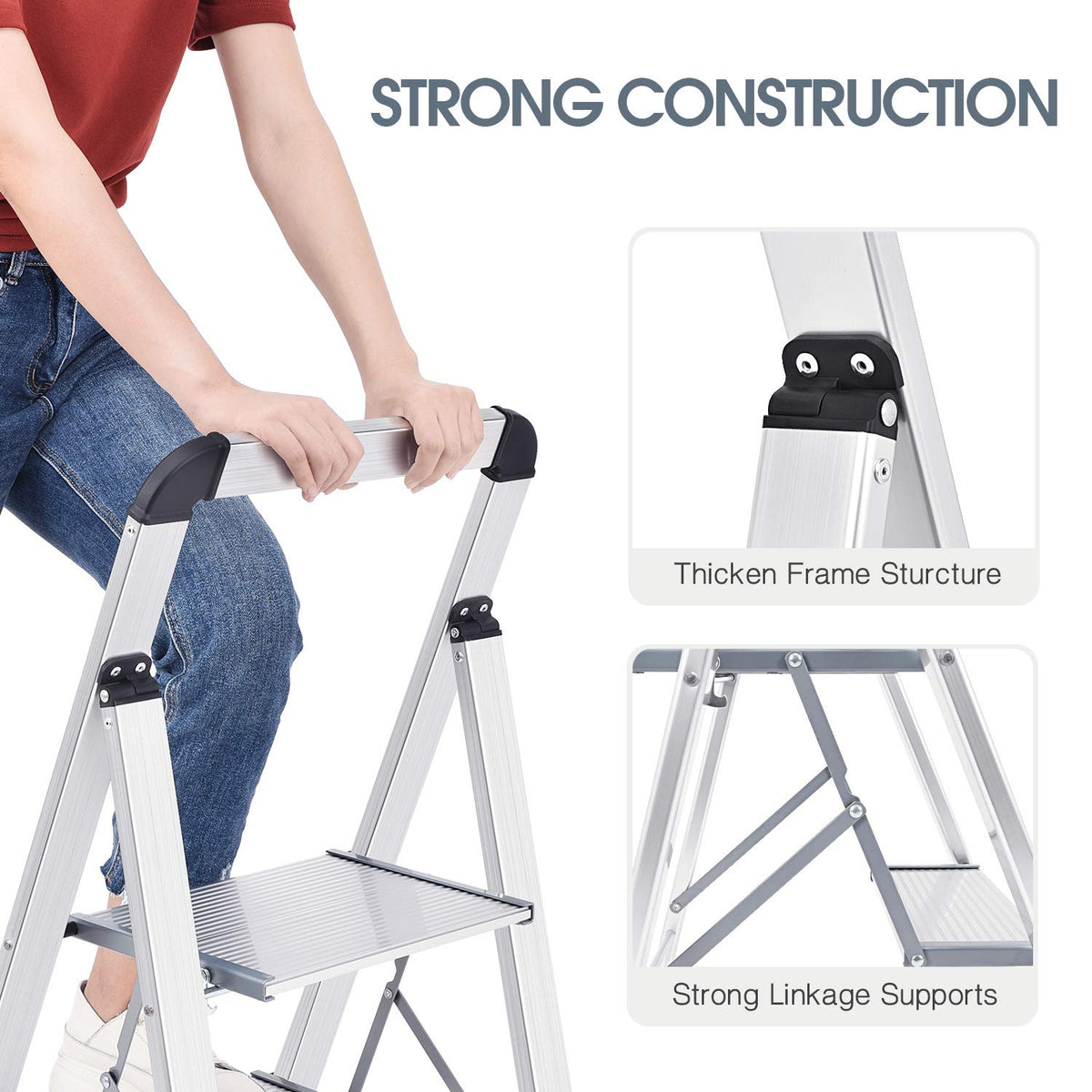 KINGRACK Aluminium 2 Step Ladder, Lightweight Step Stool with Non-Slip Pedals, Handrail, 330LBS Foldable Step Ladder for Kitchen, Garage, Home, Space Saving, Sturdy and Portable, Silver