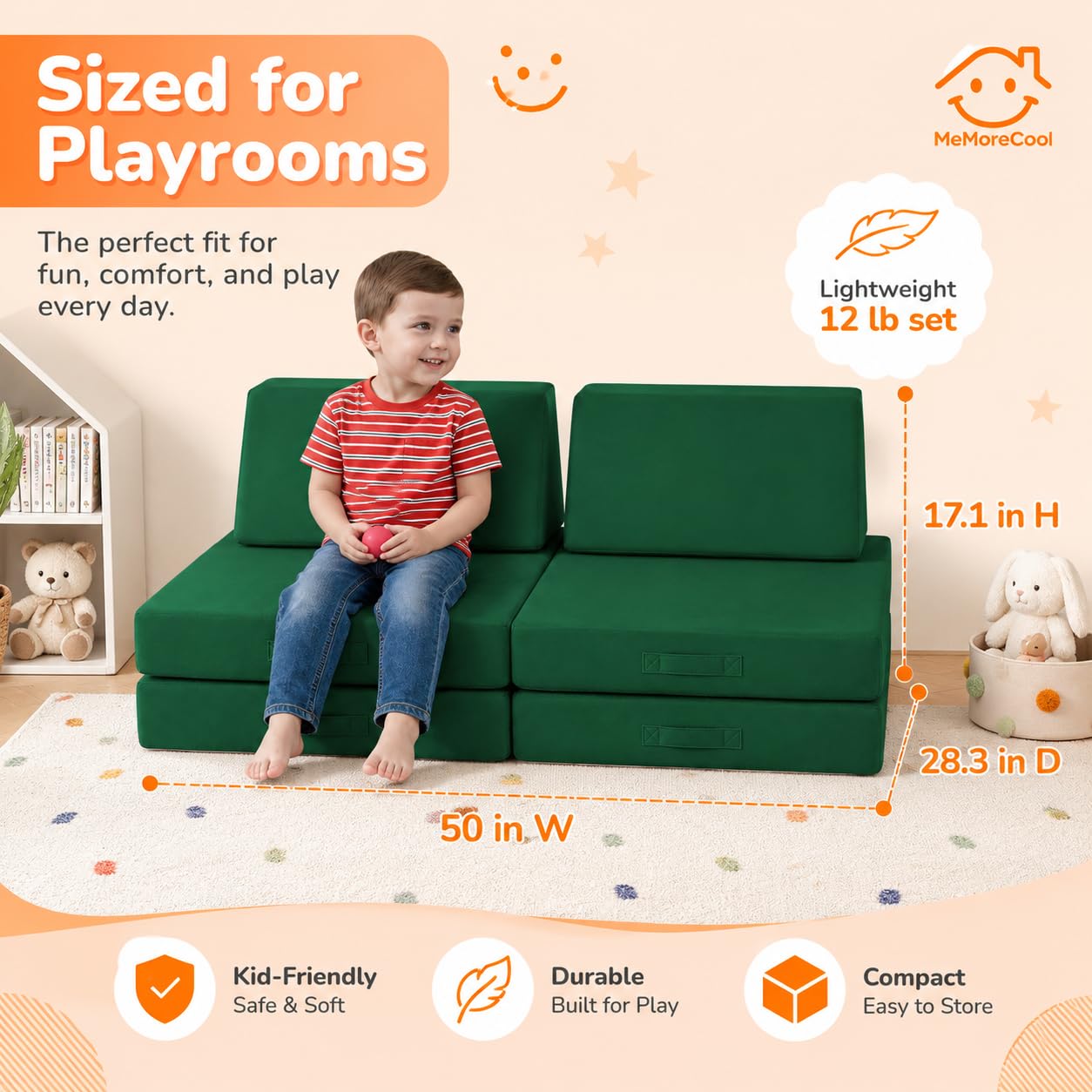 MeMoreCool Kids Couch, Forest Green Modular Foam Play Couch, Ages 3+