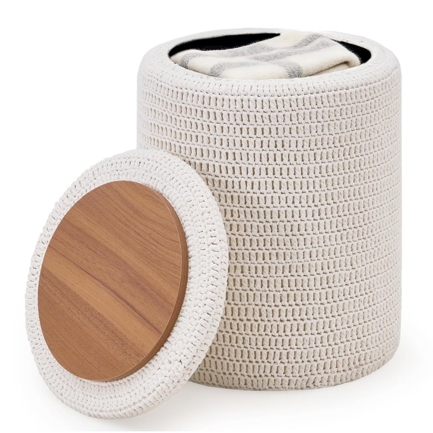 Wimarsbon Pouf Ottoman, 100% Cotton Knitted Boho Footstool, Round Footrest with Non-Skid Wood Legs, Home Décor Handmade Pouffe, Leisure Floor Step Stool for Living Room (14inch White Storage Ottoman)