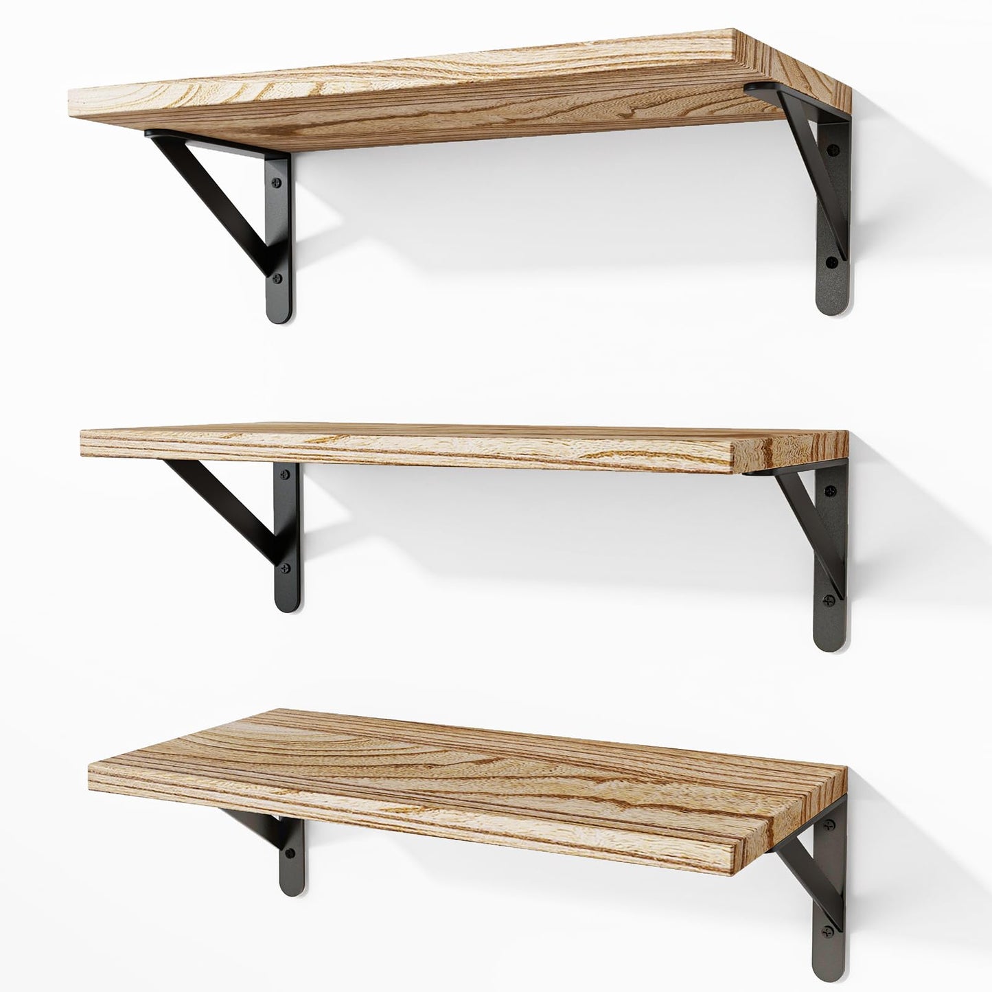 Fixwal Floating Shelves for Wall, Wood Wall Mounted Shelves for Bedroom, Bathroom, Living Room, Kitchen Storage and Decor(Rustic Brown, Set of 3, 16.5 Inch)