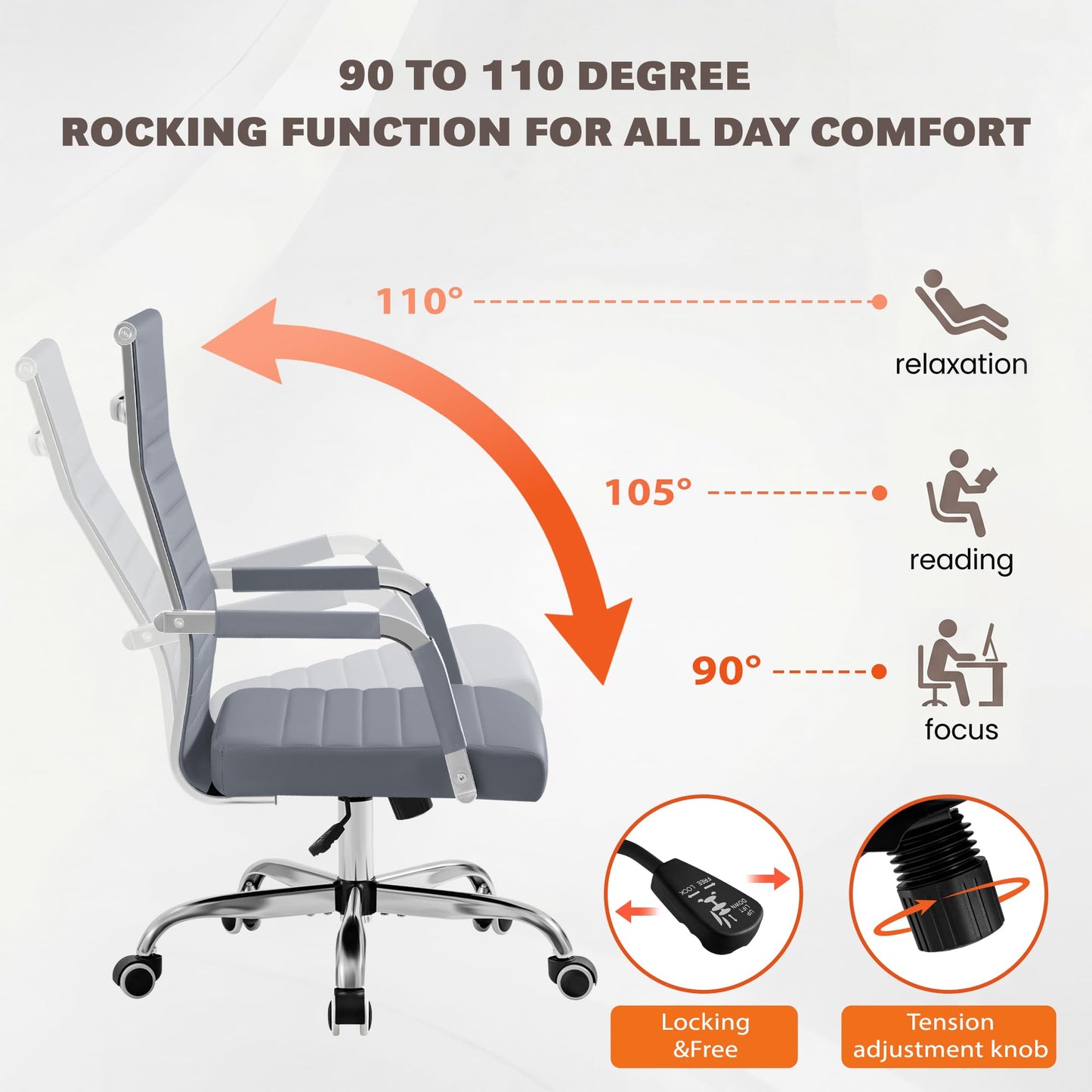Furmax Ergonomic Office Desk Chair, Executive Ribbed Mid-Back PU Leather Conference Room Chair Adjustable Swivel Chair with Arms (1, Grey)