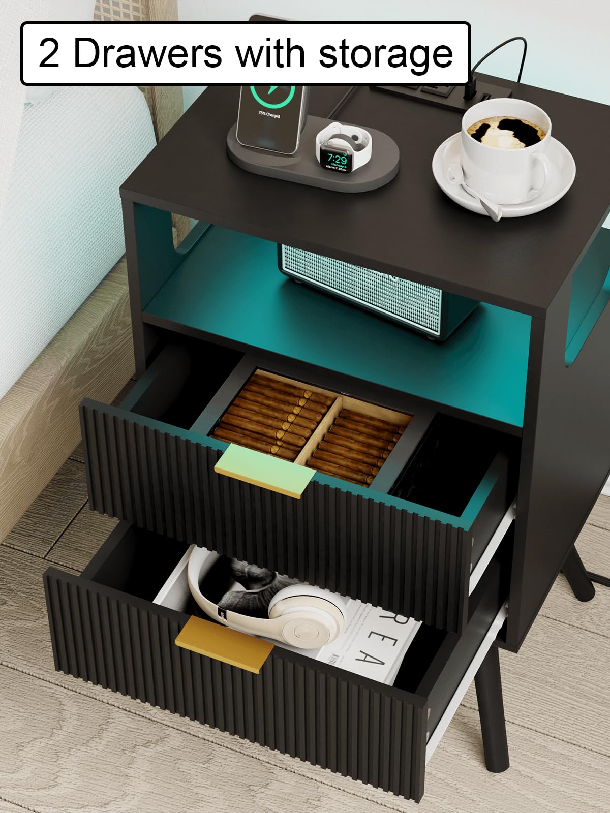 Leomonio Nightstand with Charging Station and LED Lights, Modern Bedside Table with 2 Storage Drawer and Open Wood Shelf for Bedroom and Small Spaces, Night Stand with Solid Wood Legs