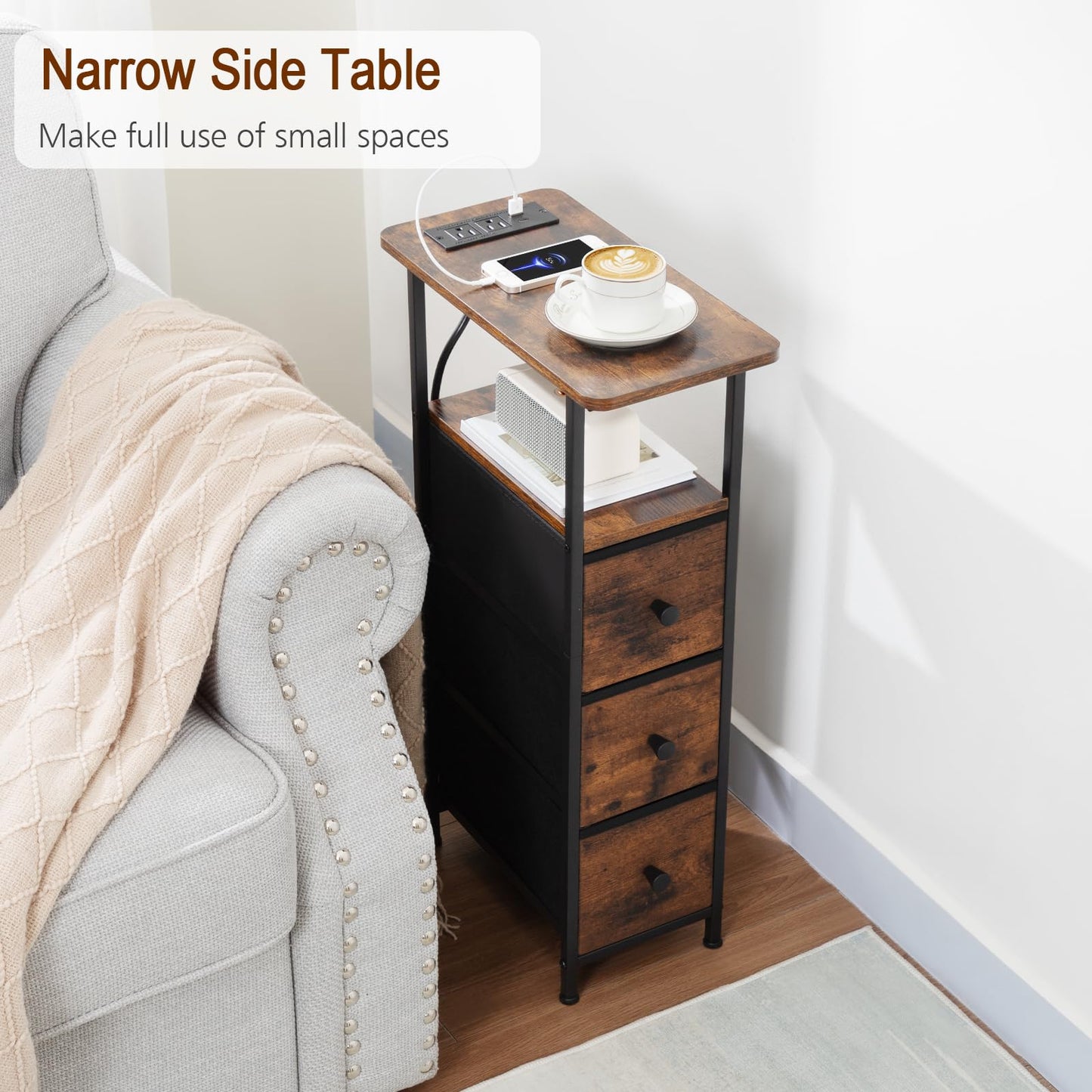 LOAKEKEL Narrow End Table Living Room with Charging Station, Skinny Side Table with Fabric Drawers, Slim Nightstand for Bedroom, Small Spaces, Couch, Brown, HETNDP03BR-1