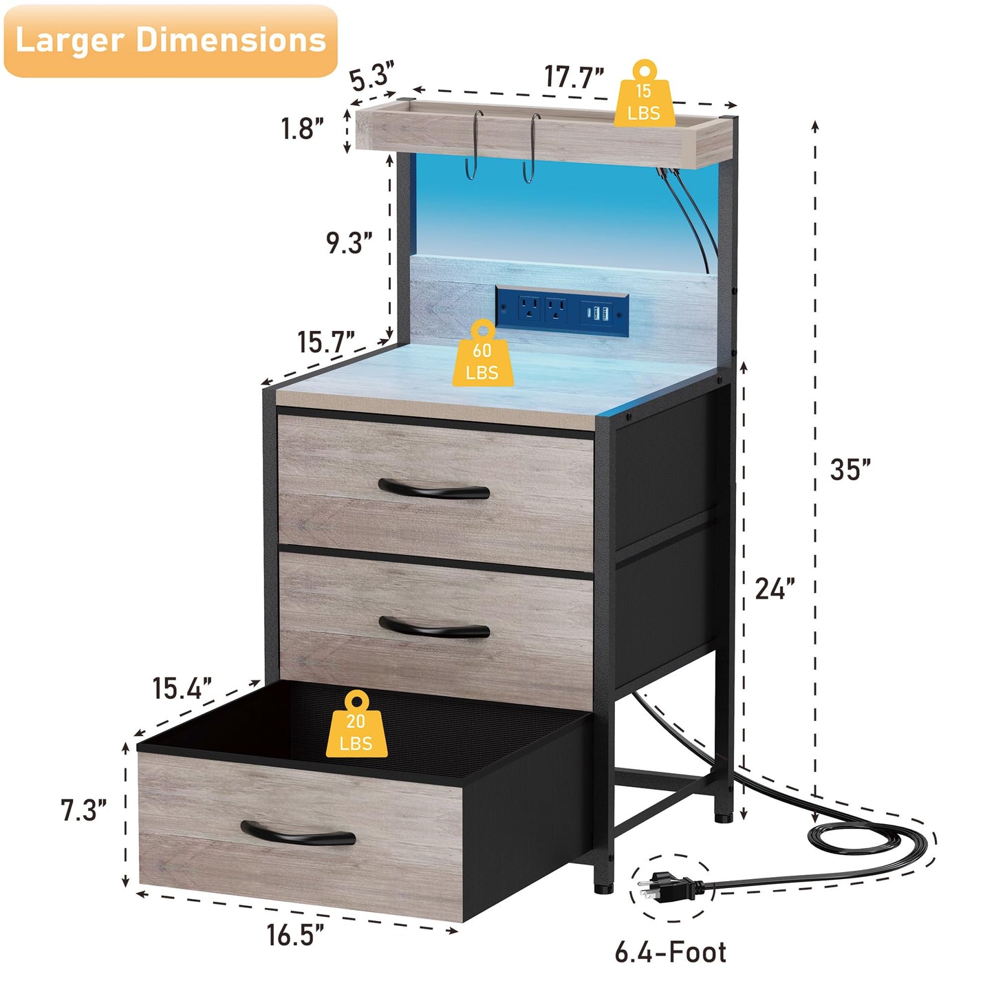 SZLHANJZ Night Stand Set 2 with LED Lights for Bedroom, Bedside Nightstands with Power Outlet and Type C Port, Matching Tables with 3 Fabric Drawers, Hooks, and Shelves, Greige