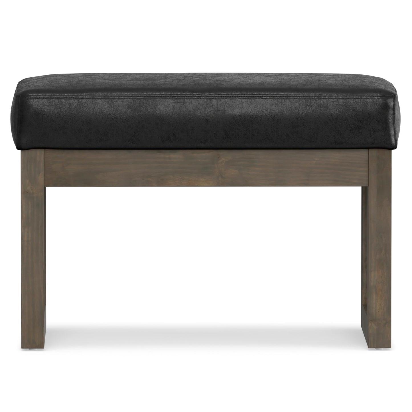 SIMPLIHOME Milltown Small Ottoman Bench - 27" Wide x 18" High Upholstered Vegan Leather Rectangle Footstool Ottoman in Distressed Black, Contemporary Bench for Bedroom with Cushioned Seat, Assembled