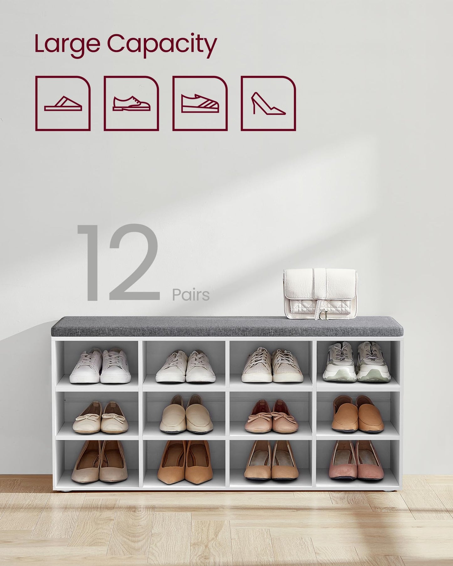 VASAGLE CUSTOS Collection - Shoe Bench, Storage Bench with Padded Seat, Entryway Bench with 12 Compartments, for Bedroom, 11.9 x 40.9 x 18.9 Inches, Cloud White and Slate Gray ULHS012W14
