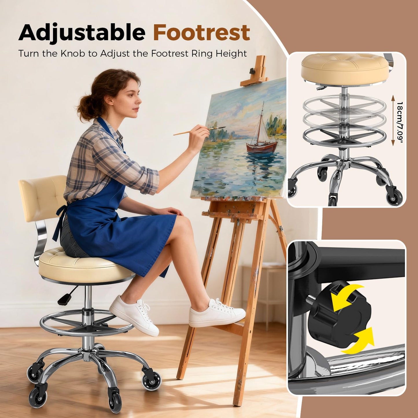 FREEKYROCK Office Drafting Chair with Footrest, Tall Height Adjustable Stool with Back Support, Heavy Duty Rolling Stool Chair with Wheels for Office Home Kitchen Bar Shop Guitar Studio Vanity, White