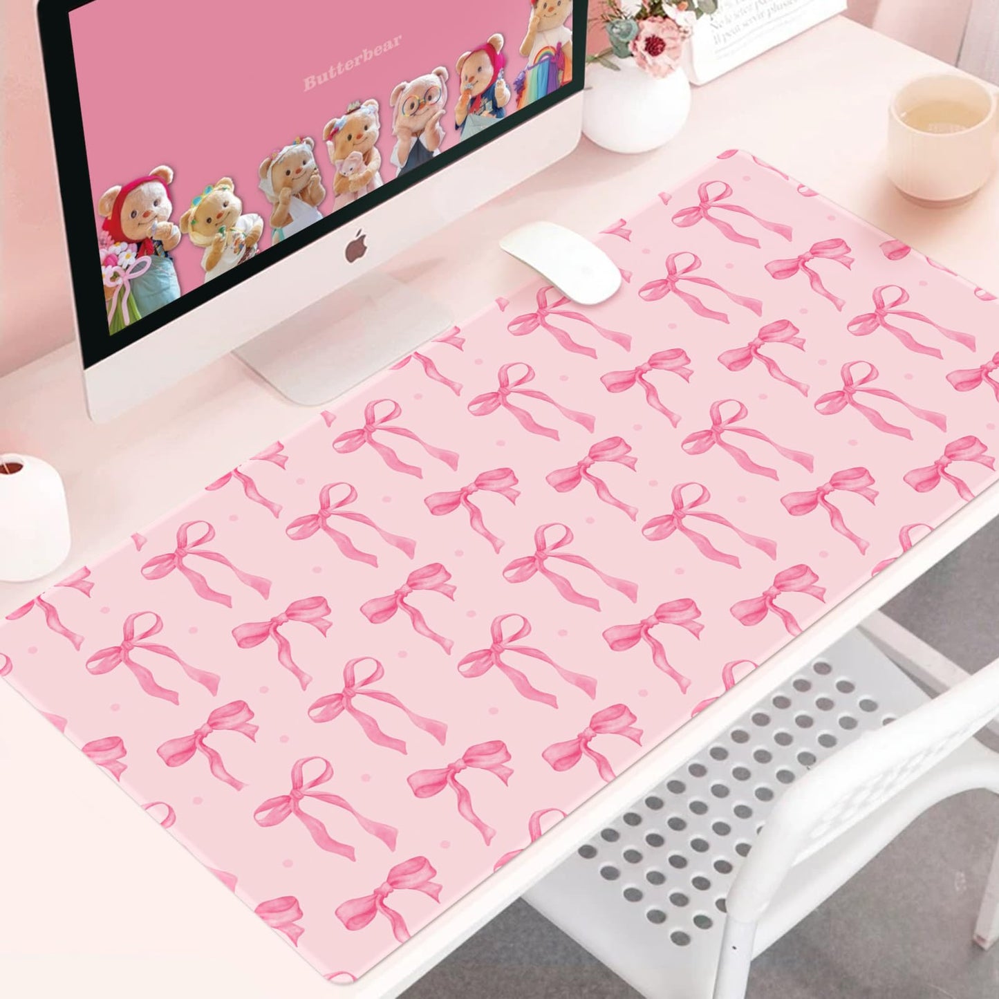 Pink Desk Mat with Bows, Cute Mouse Pad for Computer Laptop PC Non-Slip Rubber Base Gaming Keyboard Pad, Large Office Mat Girly Décor Office Supplies Desk Accessories for Teen Girls Women 31.5 x 15.7
