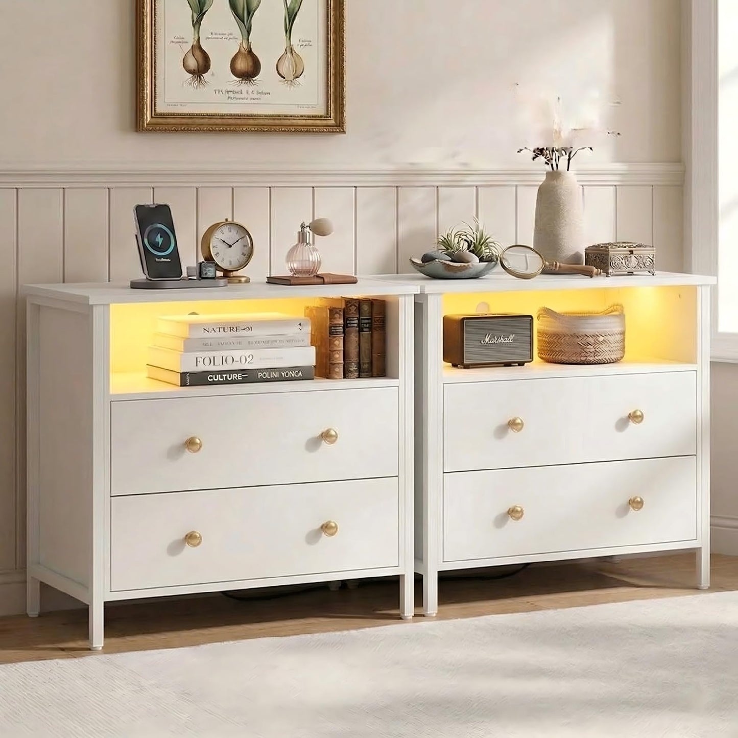 Tykacna 27 Inch Wide Night Stand, Large Wood Night Stand Set 2 with 2 Drawers, LED Nightstand with Charging Station and Adjustable Drawer, Bedside Table for Living Room/Bedroom/Study/Office, White.