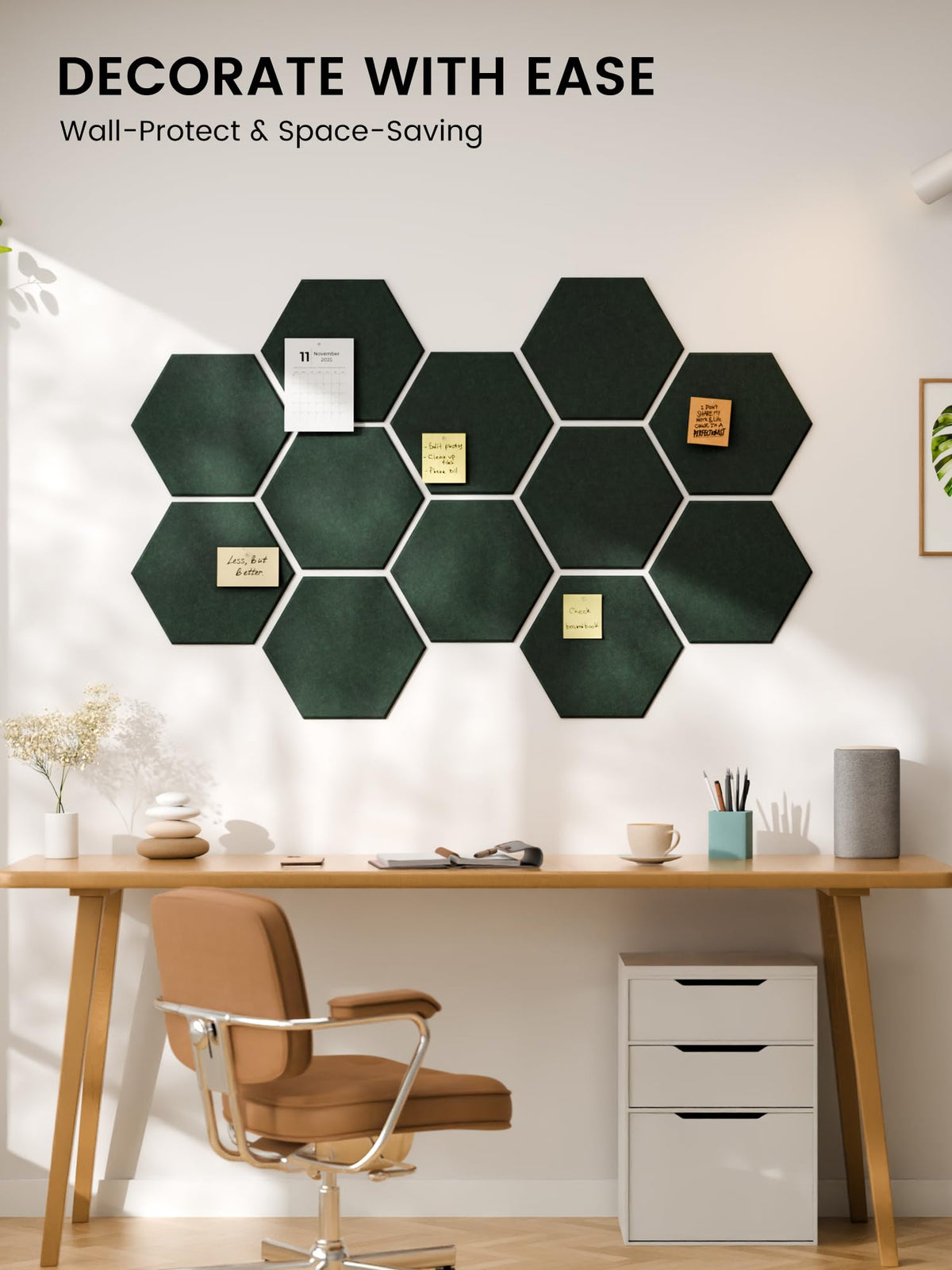 Fluxynara Hexagon Cork Board Alternative for Walls Decor-12-Pack Felt Bulletin Board Tiles,with 30 Pushpins,70 Adhesive Tabs for Office,Classrooms & Home Pin Board Felt Board-Pine Green