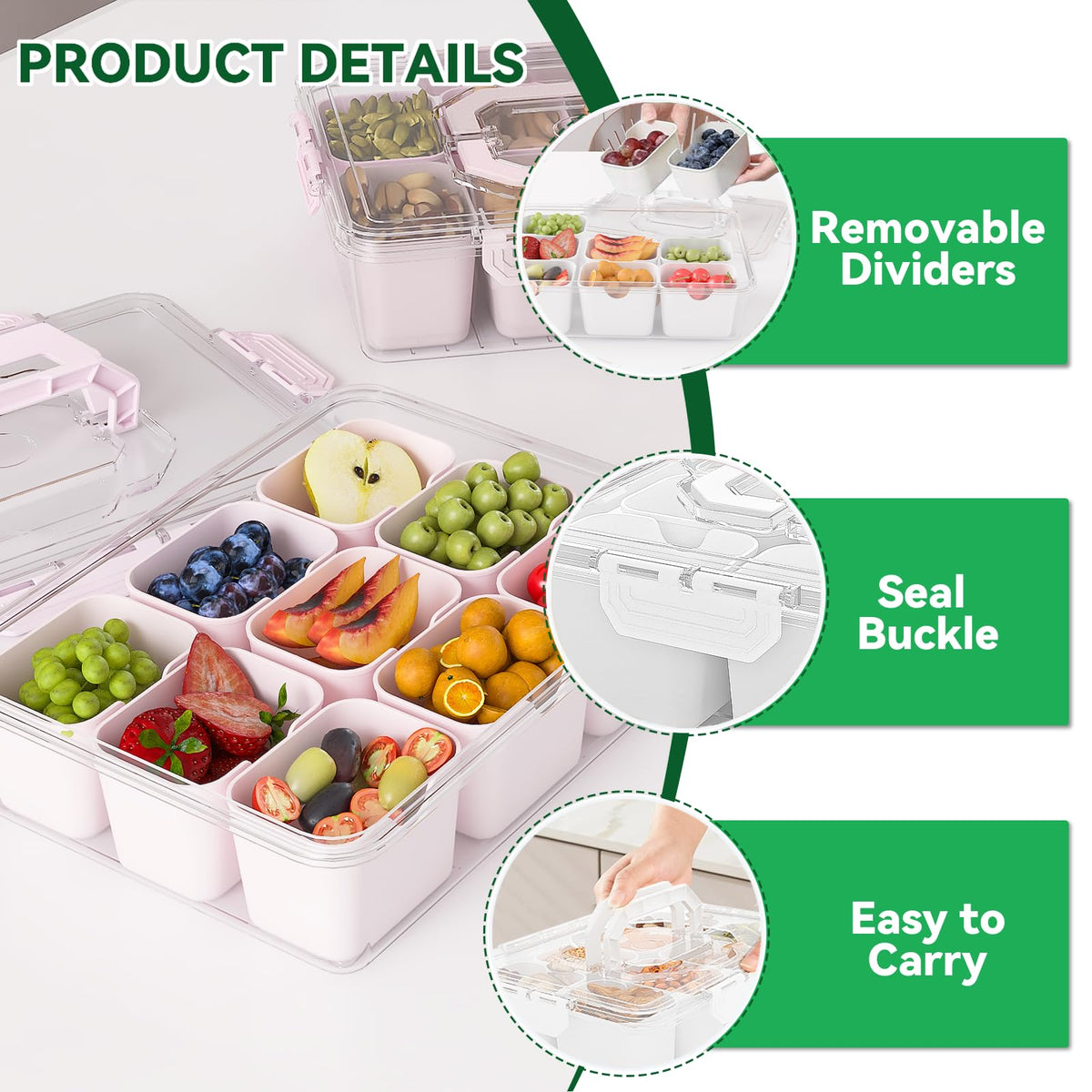REBECAT Divided Serving Tray with Lid and Handles 9 Compartments Snack Box Container Charcuterie Organizer Snackle Box Container for Candy,Nuts，Fruits,Snacks,2 Pack,Pink