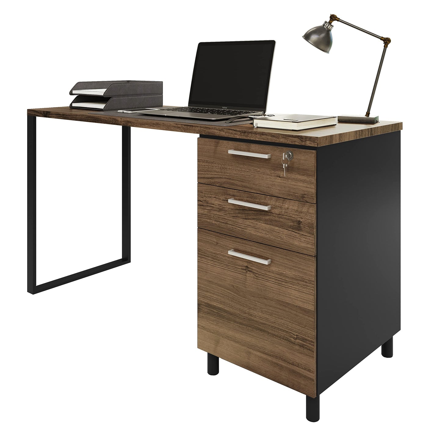Modern Design Milano Office Computer Desk with 3 Locking Drawers, 48 Inch Walnut and Black Industrial Wood Desk with Filing Drawer and Storage By Crafts and Comfort
