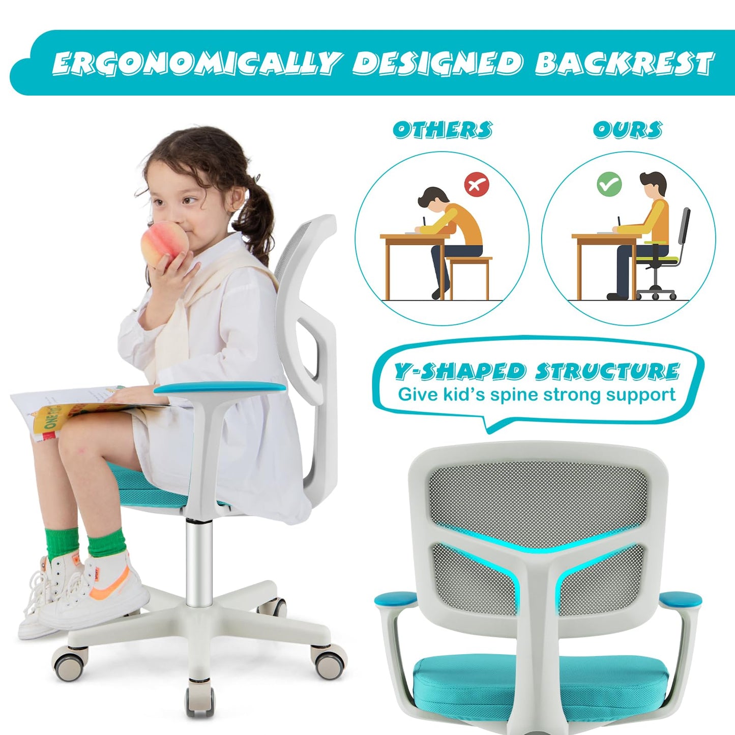 Costzon Kids Desk Chair, Adjustable Children Study Computer Chair with Arms & Wheels, Student Swivel Rolling Task Chair, Ergonomic Kids Office Chair for Boys Girls Age 4-12, Home Bedroom School, Green