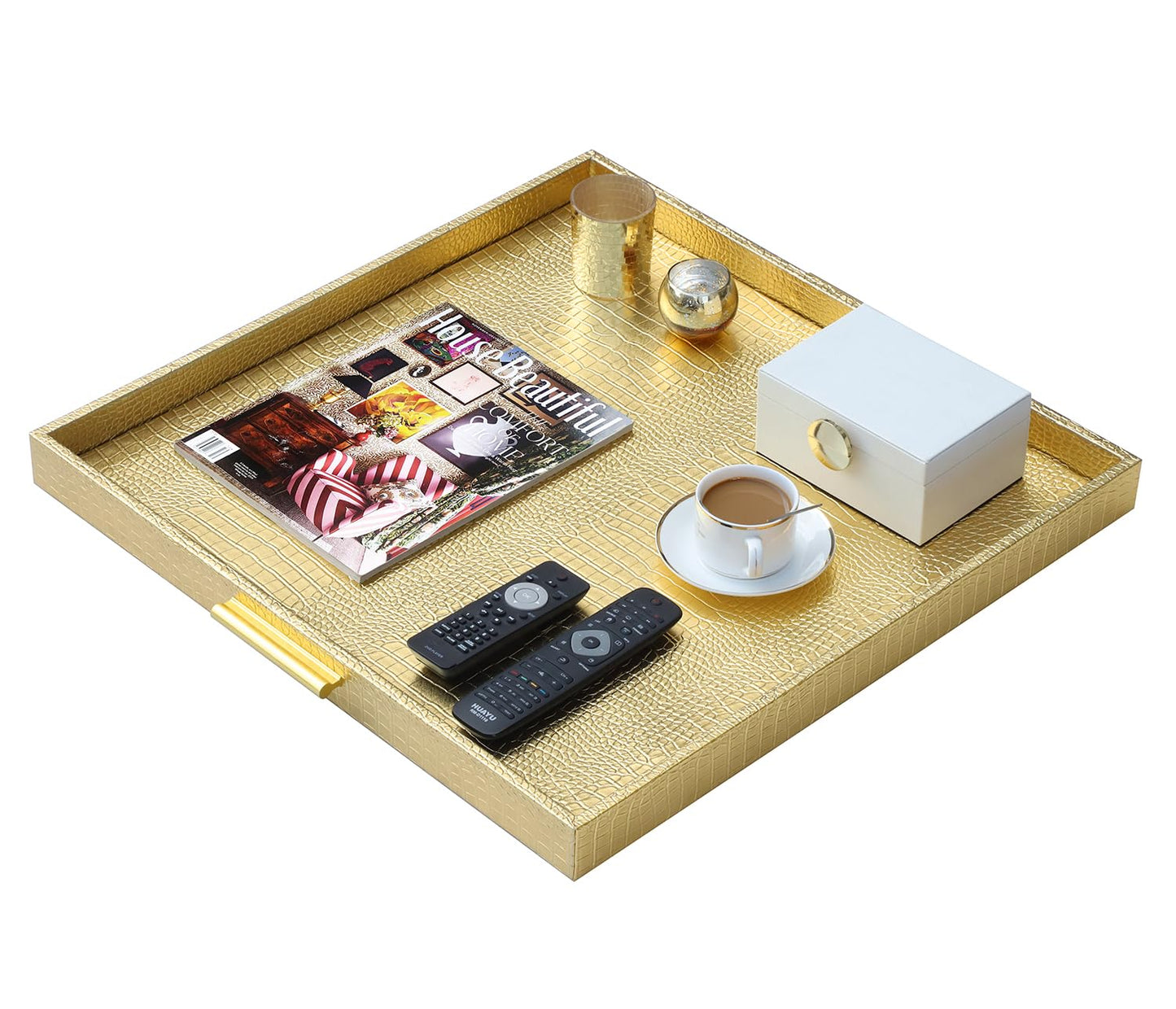 HofferRuffer Extra Large Square Serving Tray, Elegant Faux Leather Ottoman Tray with Gold Hardware Handles, Serve Tea, Coffee or Breakfast in Bed, 24 x 24 inches (Gold, 24" x 24" x 2")