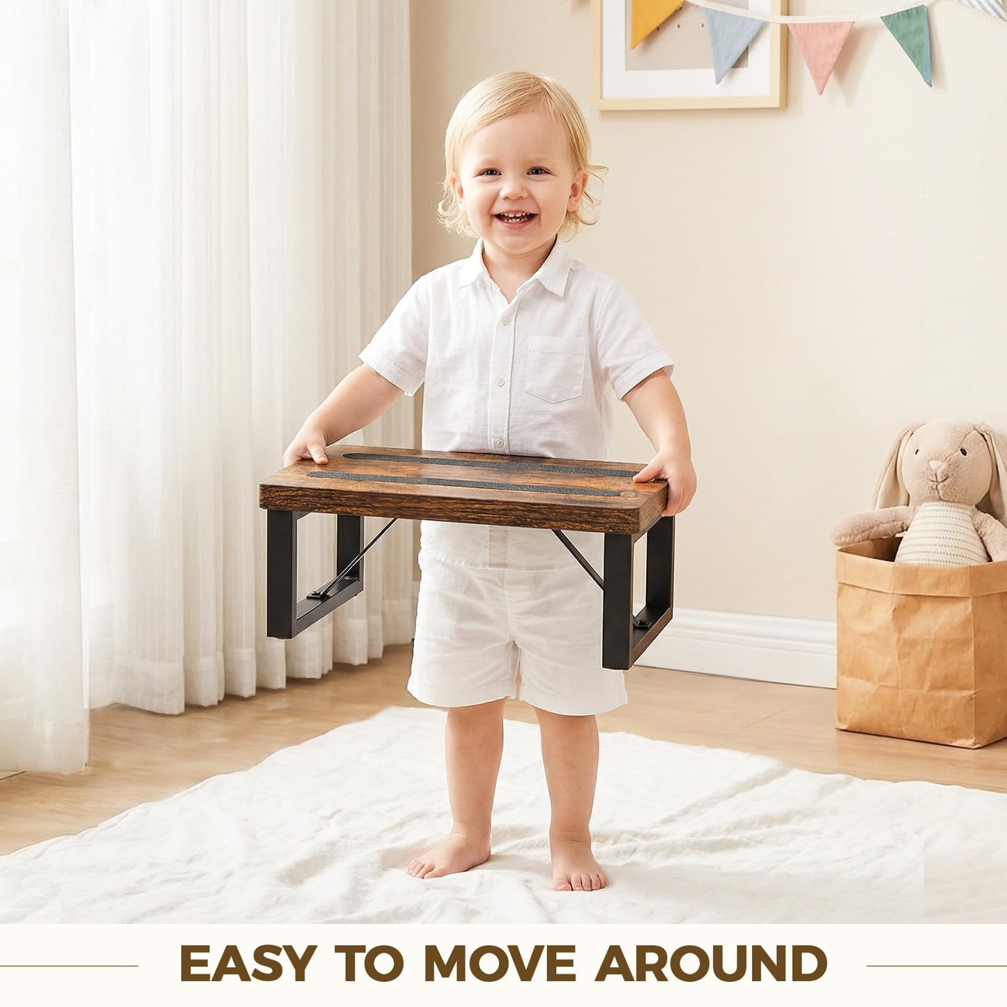 Step Stool, NomNest One Step Wooden Ladder Metal Foot Stool Small Kitchen Stool Helper for Toddler Adults, Ladder Chair for Home Bedside Bathroom Sink Potty