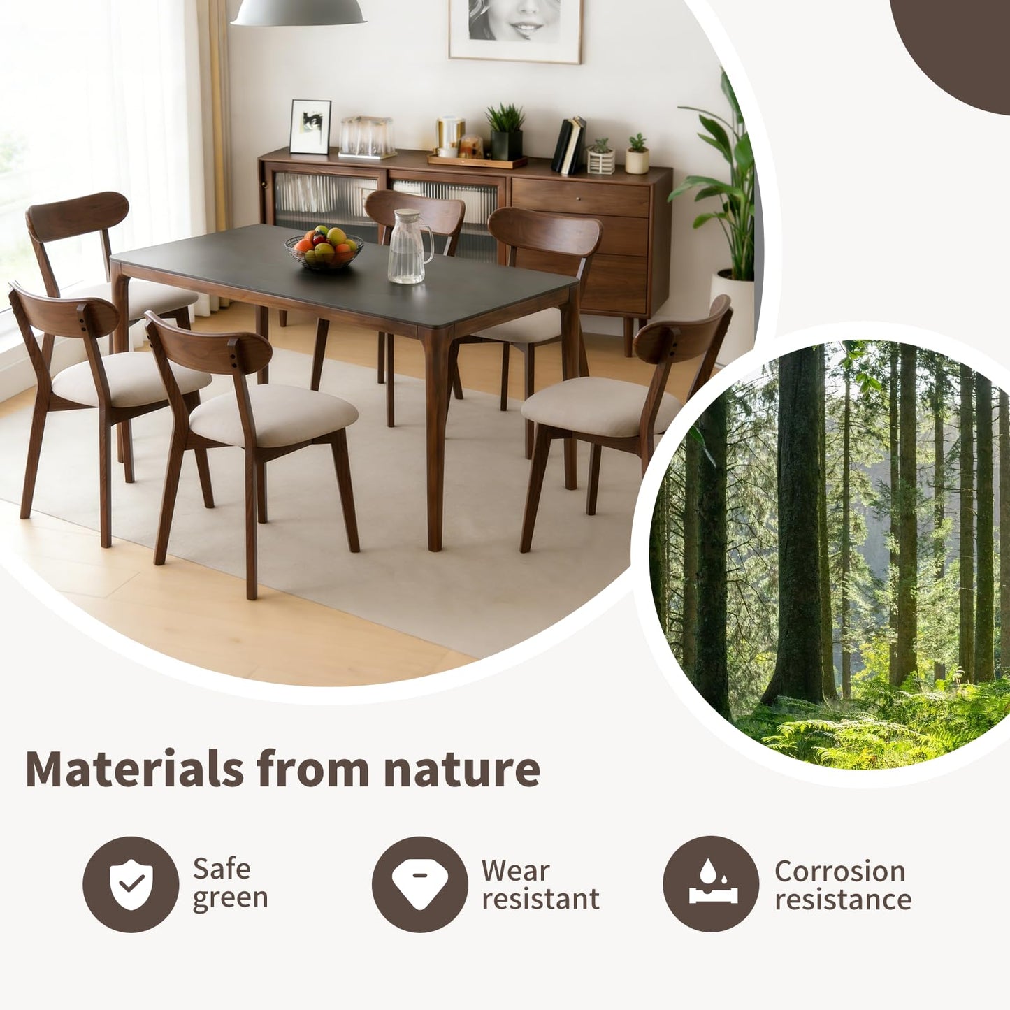 Walnut Dining Chairs Set of 2 – 400 lb Capacity Heavy Duty, Mid Century Modern Wooden Curved Back & Upholstered Seat, Solid Oak Wood, Armless for Dining Room, Kitchen, Breakfast Nook, Small Space