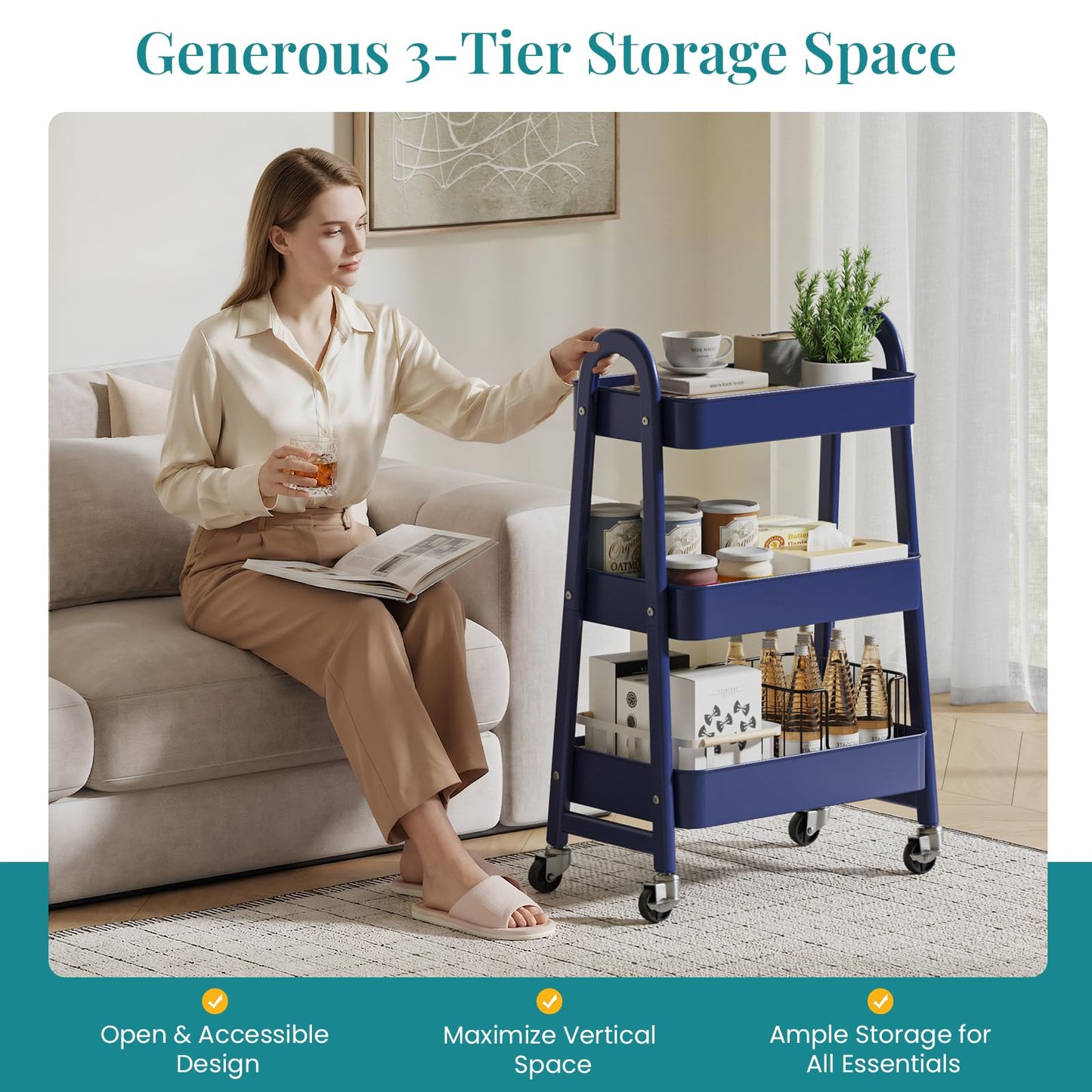 NEWBULIG 3-Tier Metal Rolling Cart with Lockable Wheels, Heavy Duty Mobile Utility Storage Shelf, Roller Book Snack Cart, Organization for Livingroom, Bathroom, Office, Blue