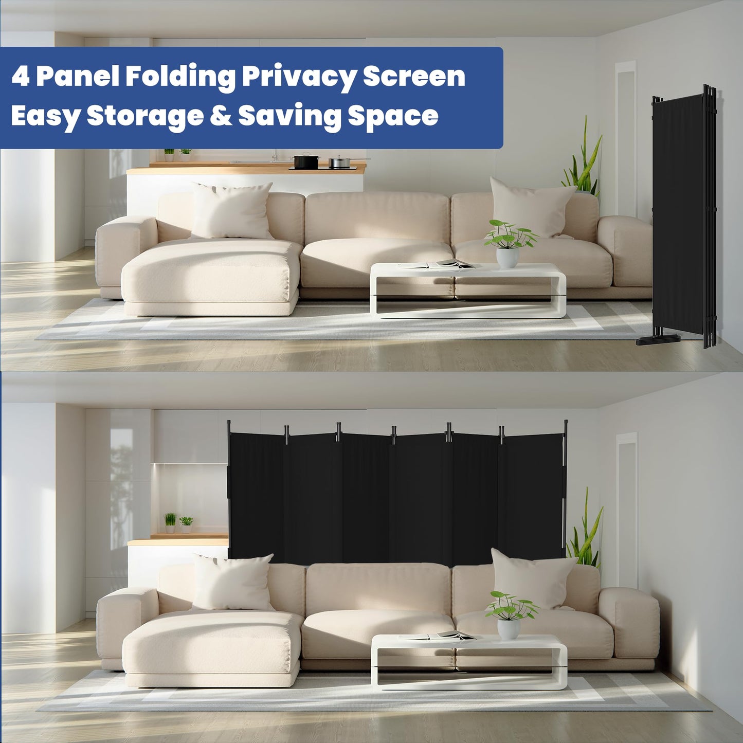 Phonjoroo Room Divider, 6 Panel Upgraded Folding Privacy Screen, 132” Highly Secretive Separation with 4 Metal Feet, Partition Screen, Lightweight Freestanding Wall Divider Bedroom (Black)