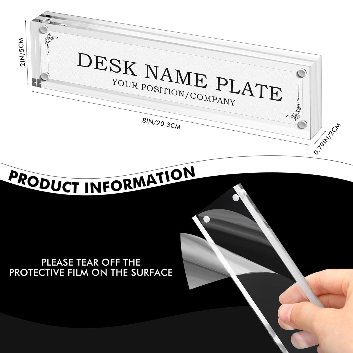 Geetery 8 Pcs Acrylic Office Desk Name Plate Personalized Clear Acrylic Block Double Sided Table Name Plate Holder Business Magnet Frame DIY Desktop Holder Accessories Decor (2" x 8")