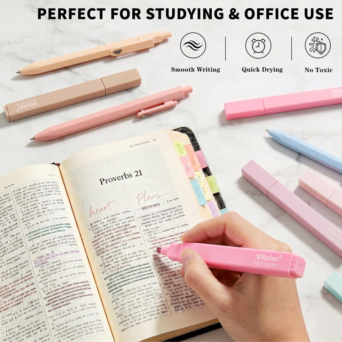 Piochoo Highlighters and Pens Set, 6pcs Cute Pastel Highlighters,6pcs 0.5mm Black Ink Gel Pens Quick Drying for Bible Studying Journaling Office School Supplies